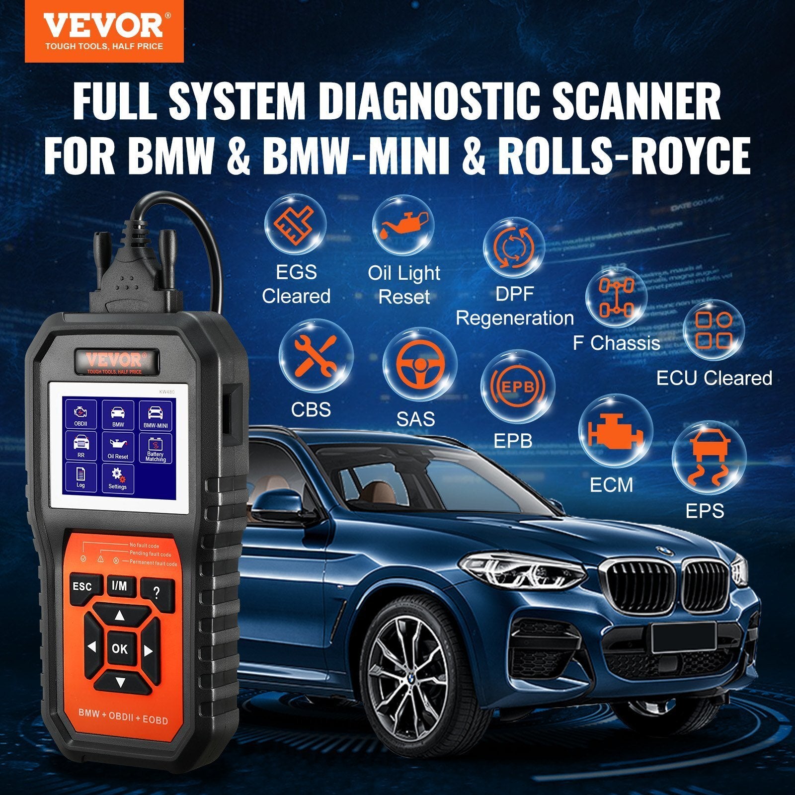 VEVOR BMW OBD2 Scanner Diagnostic Tool, For BMW/Mini/Rolls-Royce, Full System Diagnostic Scan Tool, 12 Special Functions, Car Read Code Reader with CBS SAS EPB ECM DME/DDE Oil Reset Battery Matching - Premium Code Readers & Scan Tools from VEVOR - Just $106.99! Shop now at Rapidvehicles