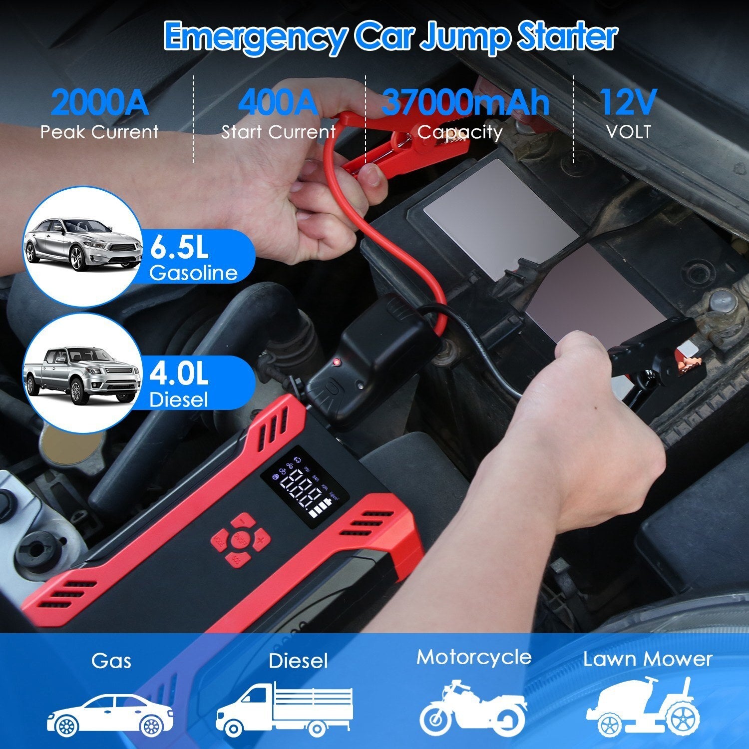 Car Jump Starter with Air Compressor Portable Car Battery Booster with Digital Tire Inflator with 2000mAh Peak Current for 12V Car 6.5L Gas or 4.0L Diesel Engines - Premium Jump Starters, Battery Chargers & Portable Power from Rapidvehicles - Just $84.99! Shop now at Rapidvehicles