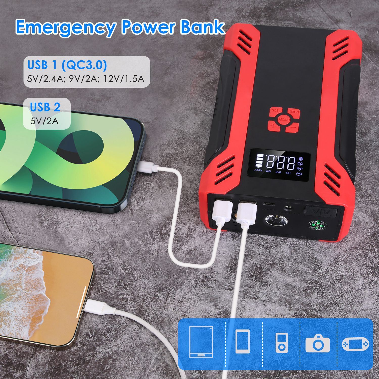 Car Jump Starter with Air Compressor Portable Car Battery Booster with Digital Tire Inflator with 2000mAh Peak Current for 12V Car 6.5L Gas or 4.0L Diesel Engines - Premium Jump Starters, Battery Chargers & Portable Power from Rapidvehicles - Just $84.99! Shop now at Rapidvehicles