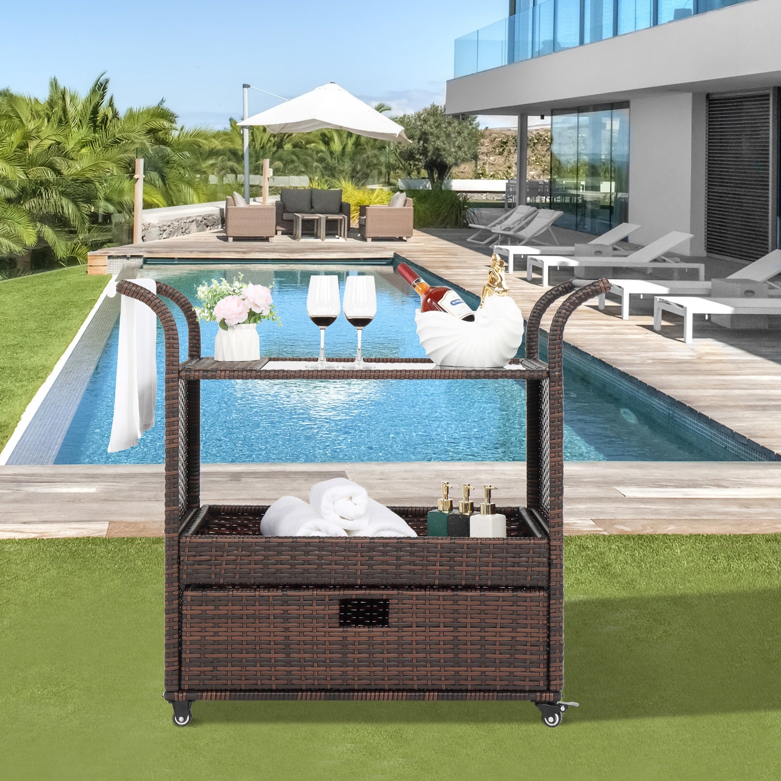 Outdoor Patio Wicker Rattan Serving Bar Cart Sideboard On Wheels Brown Gradient - Premium Carports from Rapidvehicles - Just $203.99! Shop now at Rapidvehicles