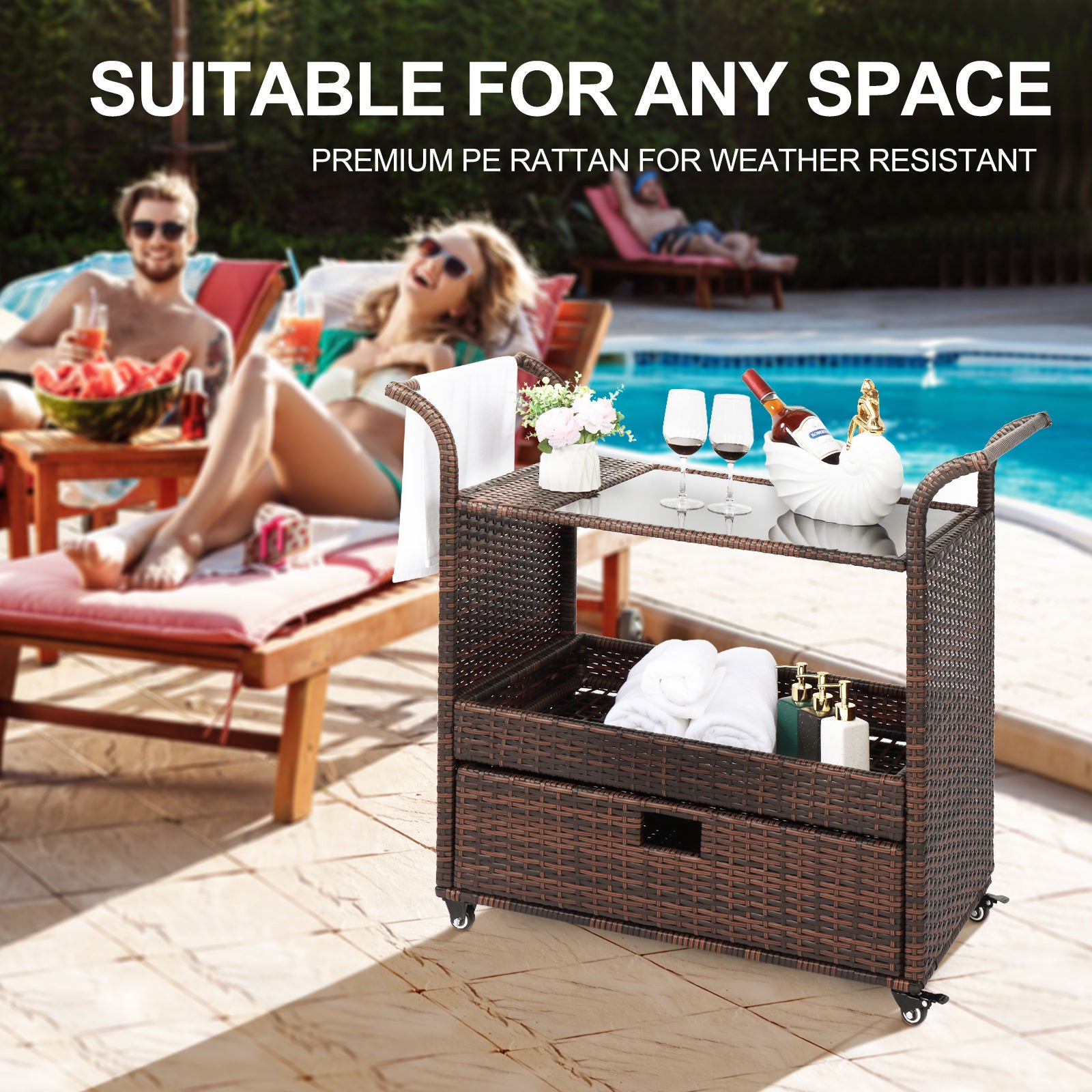 Outdoor Patio Wicker Rattan Serving Bar Cart Sideboard On Wheels Brown Gradient - Premium Carports from Rapidvehicles - Just $203.99! Shop now at Rapidvehicles