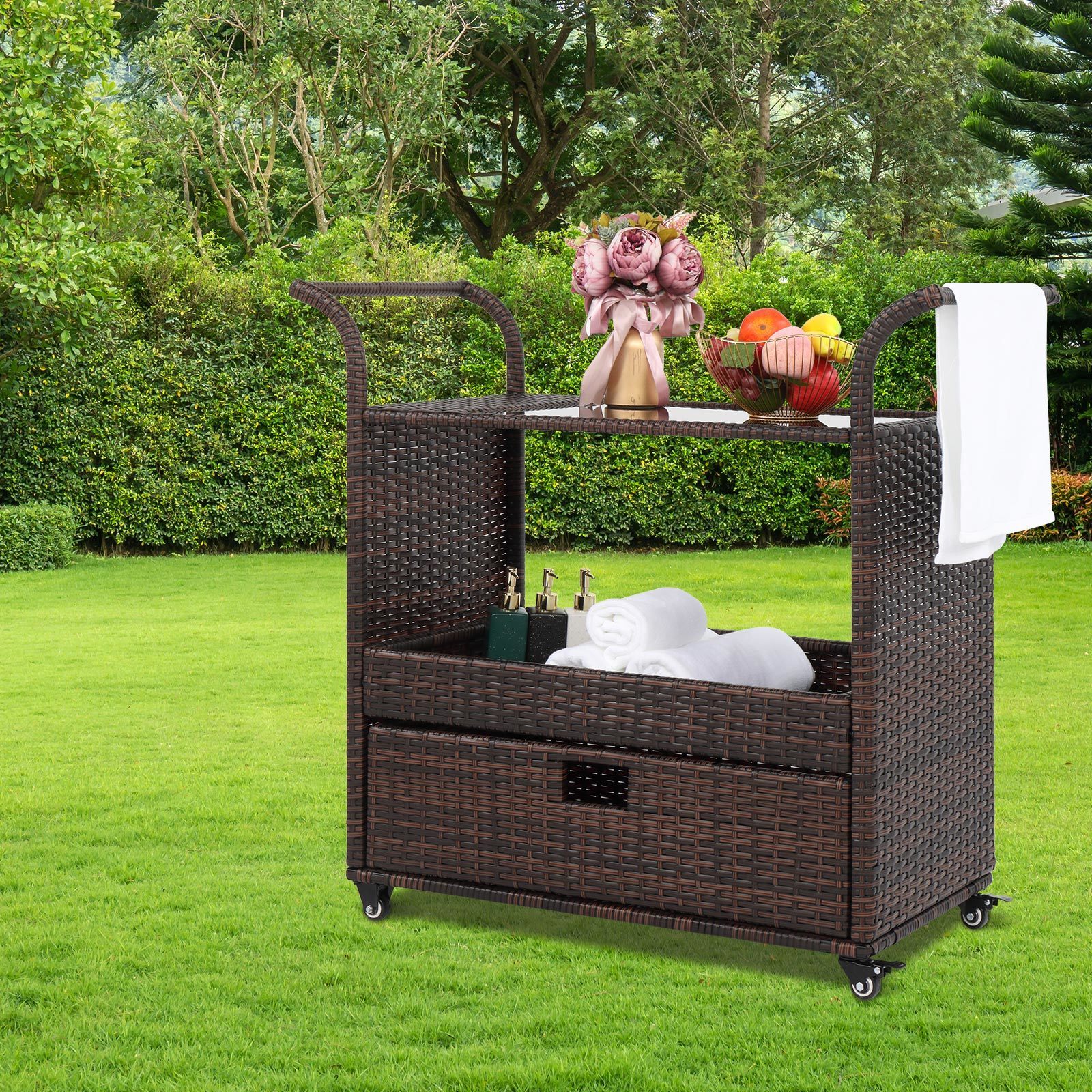 Outdoor Patio Wicker Rattan Serving Bar Cart Sideboard On Wheels Brown Gradient - Premium Carports from Rapidvehicles - Just $203.99! Shop now at Rapidvehicles