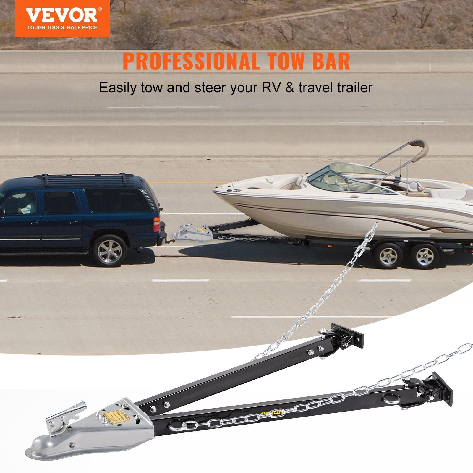 VEVOR Tow Bar, 5000 lbs Towing Capacity with Chains, Powder-Coating Steel Bumper-Mounted Universal Towing Bar with 11''-42.5'' Adjustable Width, 2'' Coupler Fits 2'' Ball, Ideal for RV Car Trailer Tru - Premium Towing Products & Winches from VEVOR - Just $81.40! Shop now at Rapidvehicles