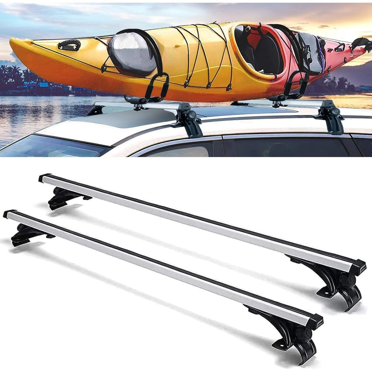 Universal roof rack crossbar, heavy-duty adjustable aluminum roof rack top crossbar, suitable for trackless cars, bicycles, kayaks, skis, canoes, cargo baskets, luggage racks - Premium Rooftop Racks from Rapidvehicles - Just $82.99! Shop now at Rapidvehicles