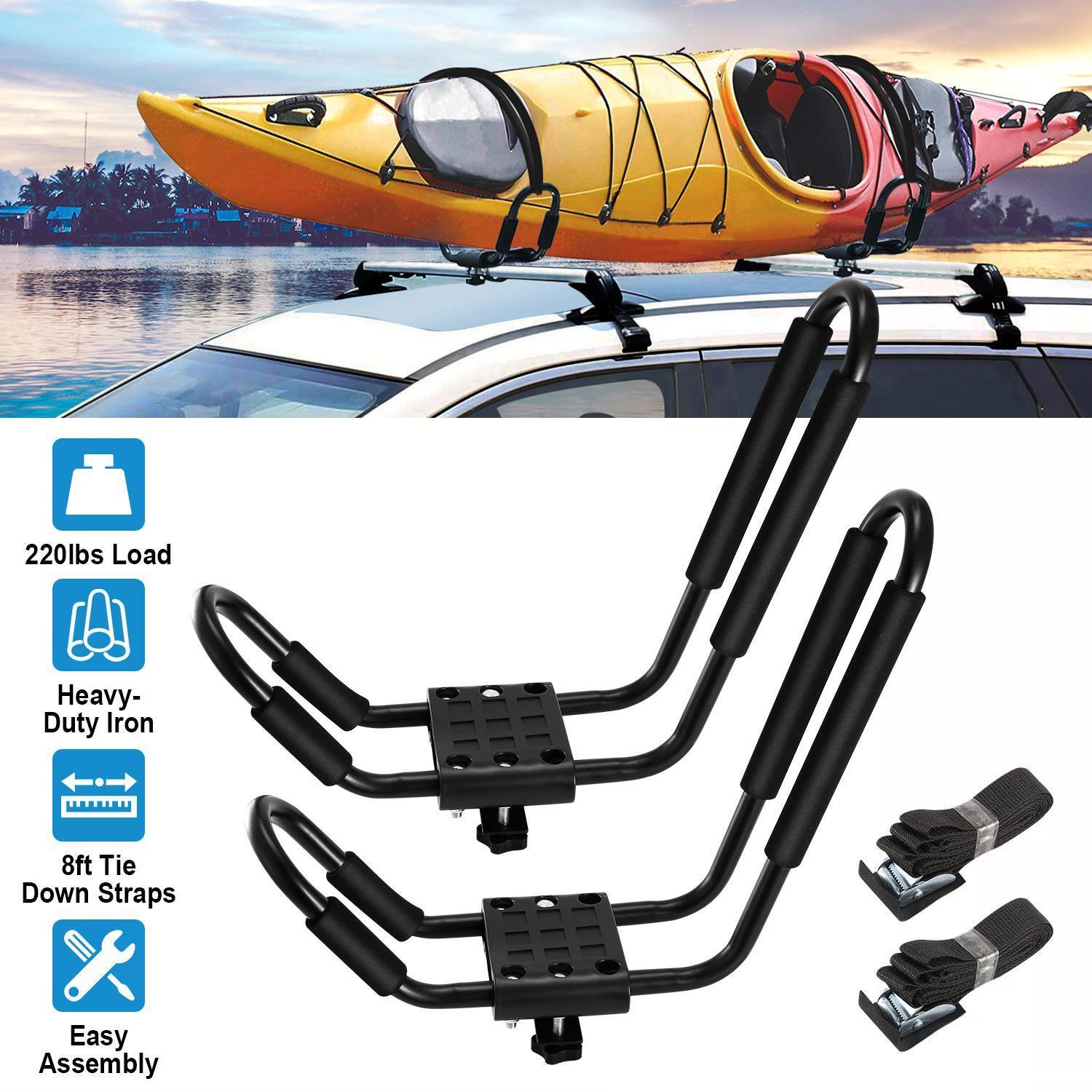 1 Pair Universal J-Bar Kayak Carrier 220LBS Load Heavy Duty Canoe Car Top Mount Carrier Roof Rack with 2Pcs Tie Down Straps - Premium Rooftop Racks from Rapidvehicles - Just $78.79! Shop now at Rapidvehicles