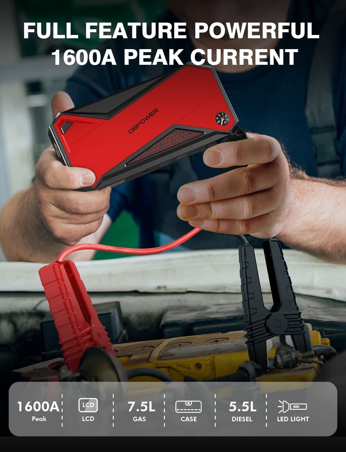 DBPOWER Car Jump Starter, 1600A Peak 18000mAh Portable Power Pack for Up to 7.2L Gas and 5.5L Diesel Engines, 12V Auto Battery Booster with LCD Display, Compass, LED Light and Type C Port - Premium Jump Starters, Battery Chargers & Portable Power from DBPOWER - Just $103.99! Shop now at Rapidvehicles