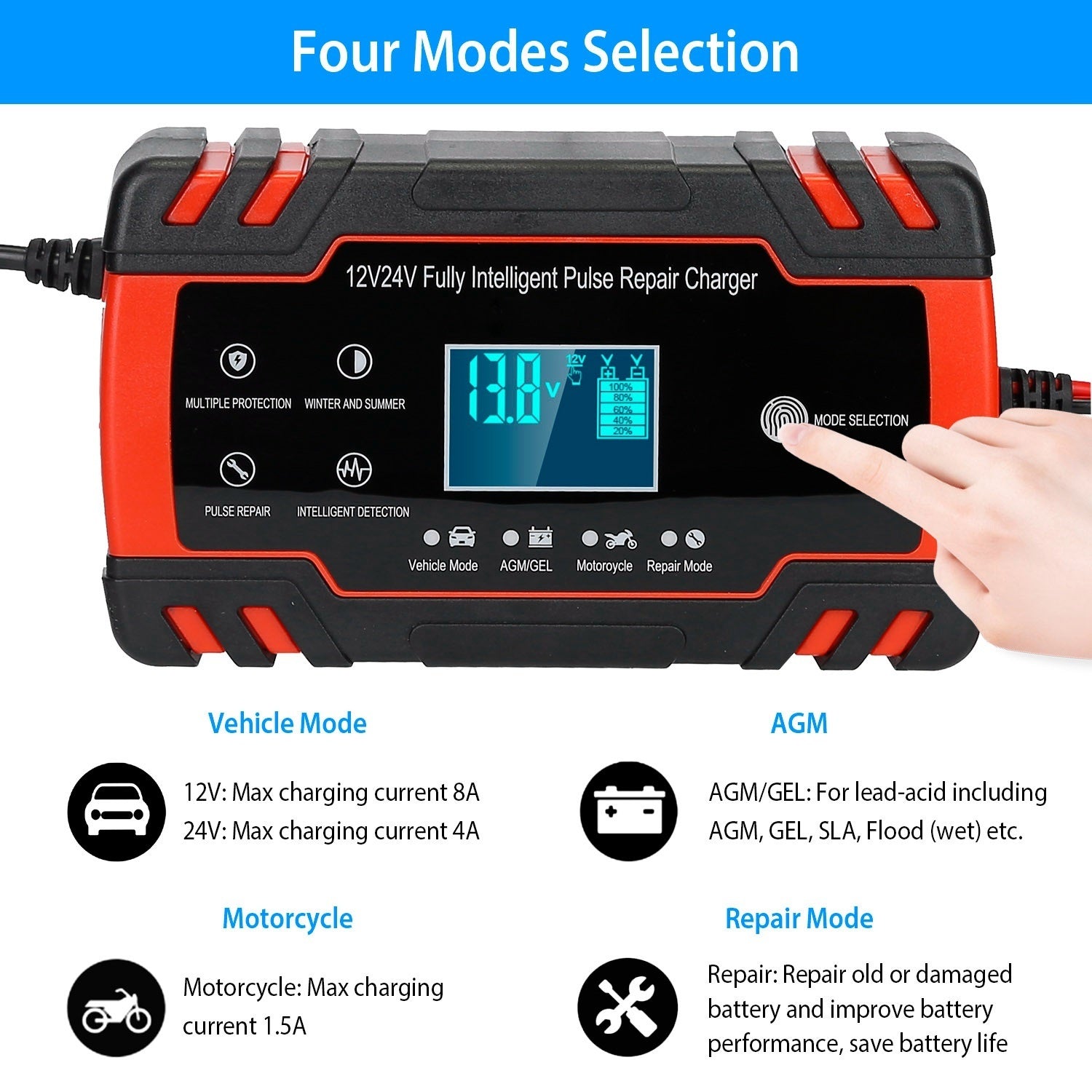 Car Battery Charger 12V/8A 24V/4A Smart Automatic Battery Charger with LCD Display - Premium Battery Chargers from Rapidvehicles - Just $46.96! Shop now at Rapidvehicles