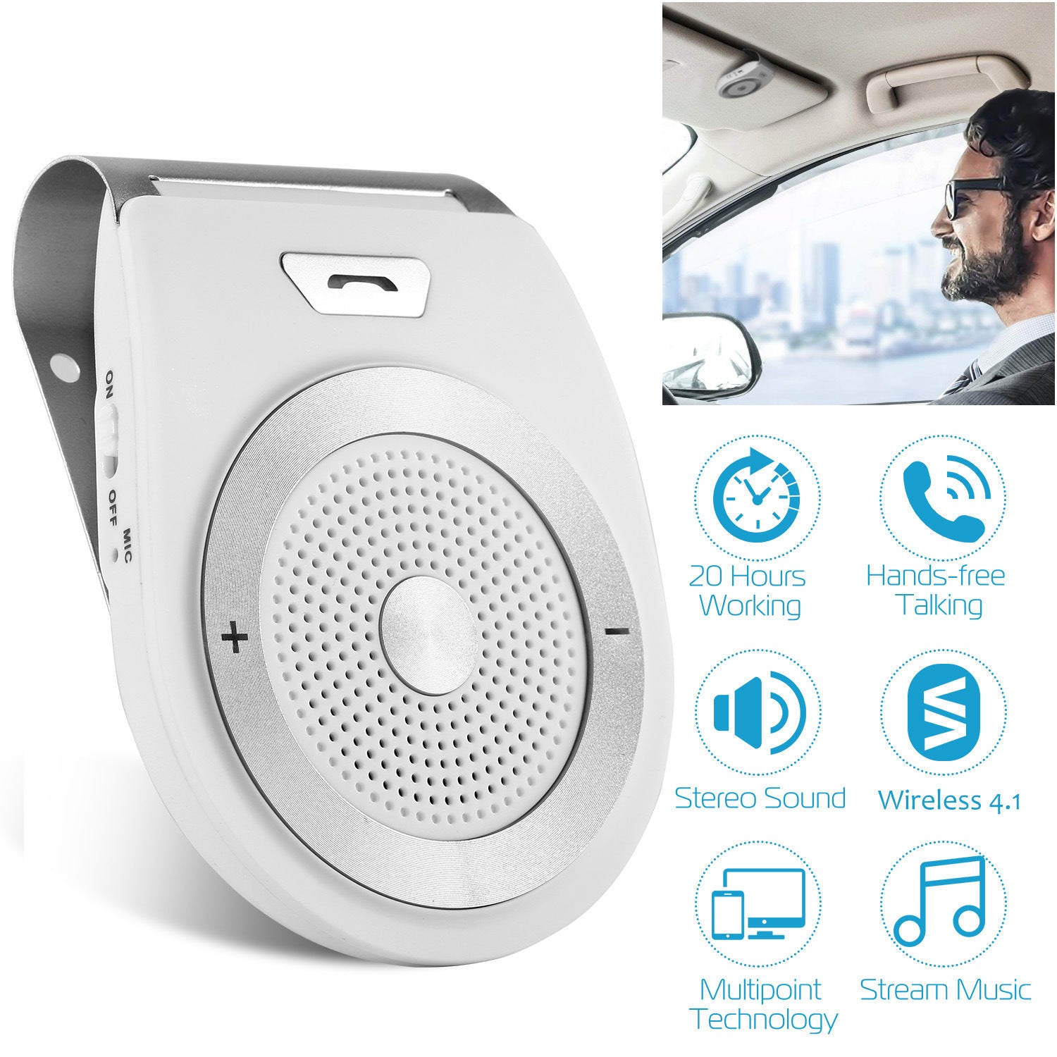 Car Wireless Speakerphone Wireless V4.1 In-Car Speaker Hands-free Calling Music Player Sun Visor Audio Receiver Car Kit - Premium Car Speakers from Rapidvehicles - Just $32.86! Shop now at Rapidvehicles