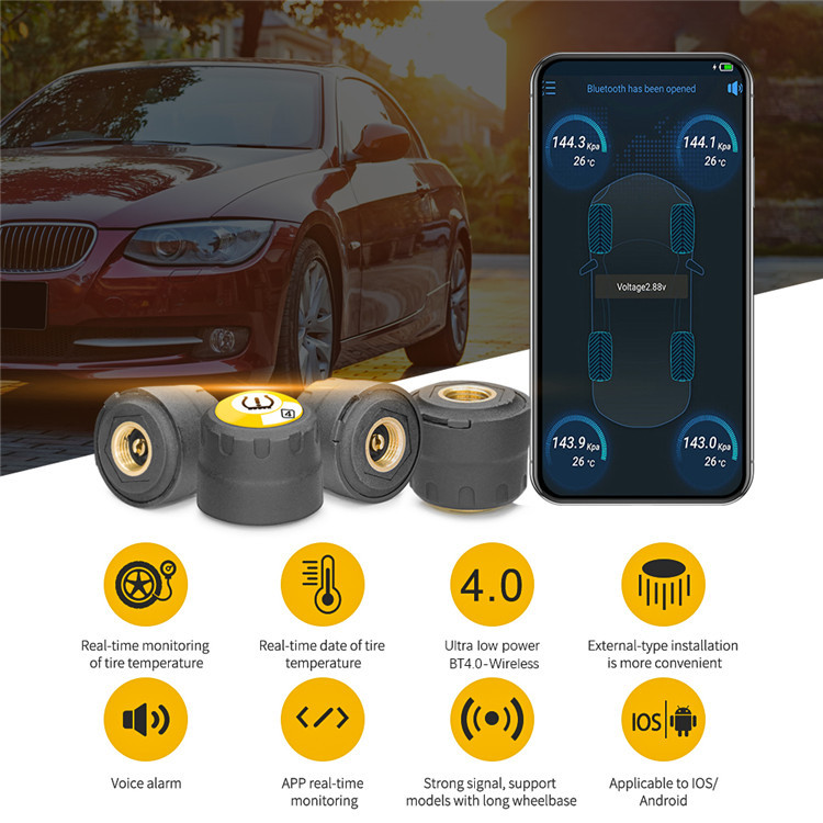 Car tire pressure monitor  tire pressure sensor  Bluetooth connection TPMS real-time transmission of high-precision tire pressure technical parameter  4pcs - Premium Tire Pressure Monitoring Systems from PLSTPFT - Just $90.99! Shop now at Rapidvehicles