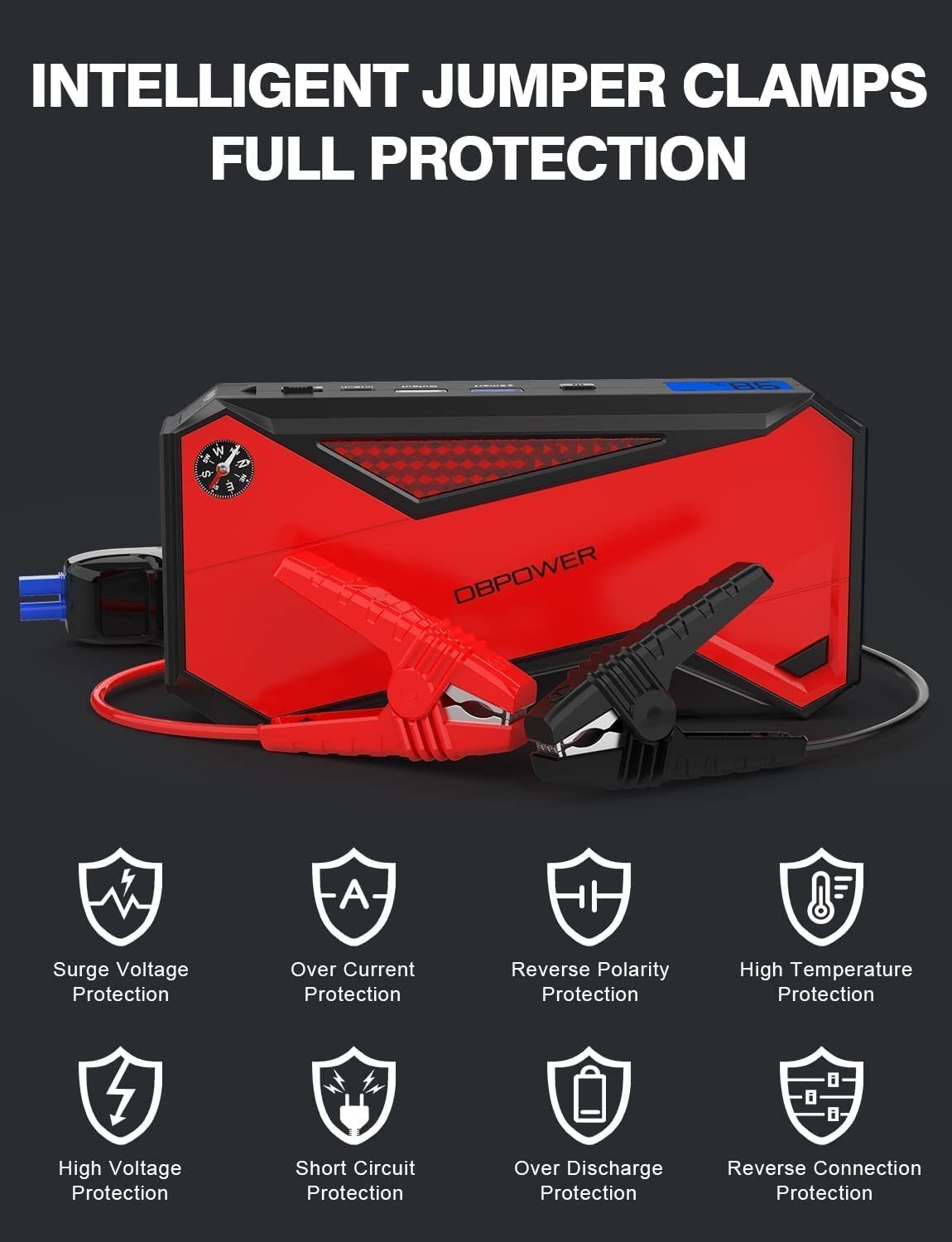 DBPOWER Peak 1600A 18000mAh Portable Car Jump Starter( up to 7.2 Gas;  5.5L Diesel Engines) Battery Booster with Smart Charging Port;  LCD Display;  Intelligent Jumper Clamps;  Compass and LED Light - Premium Jump Starters from Rapidvehicles - Just $92.03! Shop now at Rapidvehicles