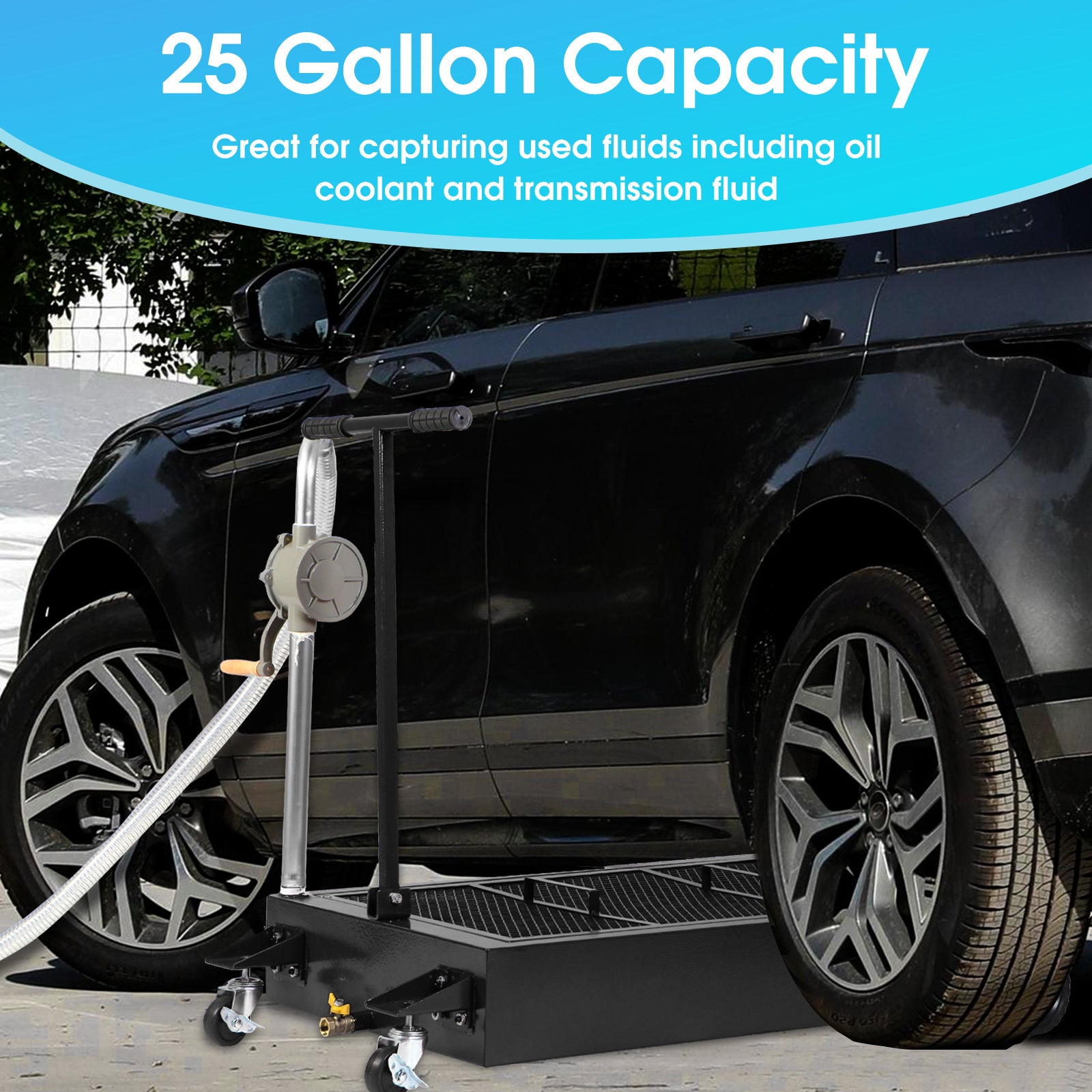 Oil Drain Pan 25 Gallon Low Profile Oil Change Pan with Pump 1.05FT Hose Swivel Casters Wheels Rolling Oil Drain Cart for Trucks Cars RVs SUVs Buses - Premium Cleaning Equipment from Rapidvehicles - Just $308.99! Shop now at Rapidvehicles