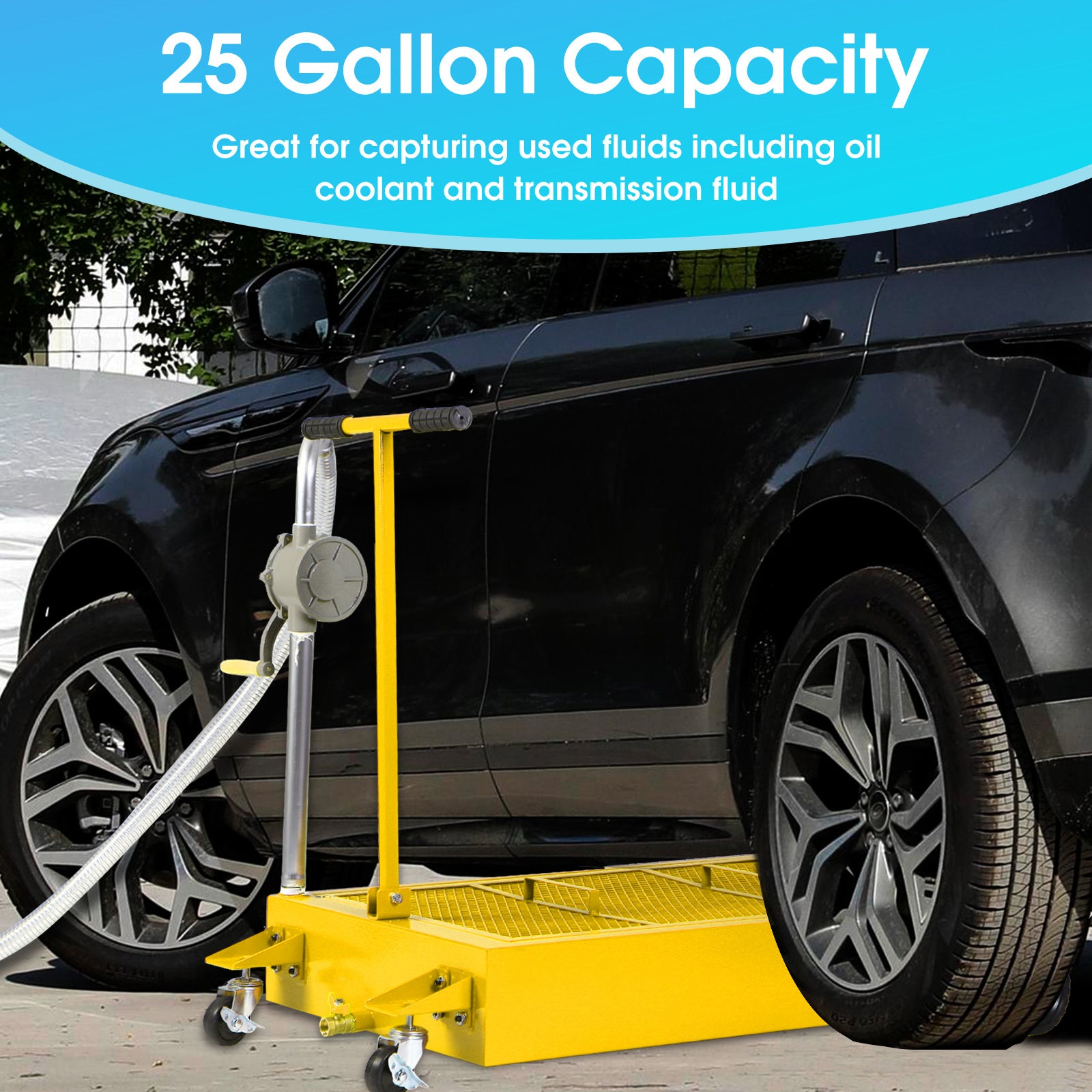 Oil Drain Pan 25 Gallon Low Profile Oil Change Pan with Pump 1.05FT Hose Swivel Casters Wheels Rolling Oil Drain Cart for Trucks Cars RVs SUVs Buses - Premium Cleaning Equipment from Rapidvehicles - Just $308.99! Shop now at Rapidvehicles