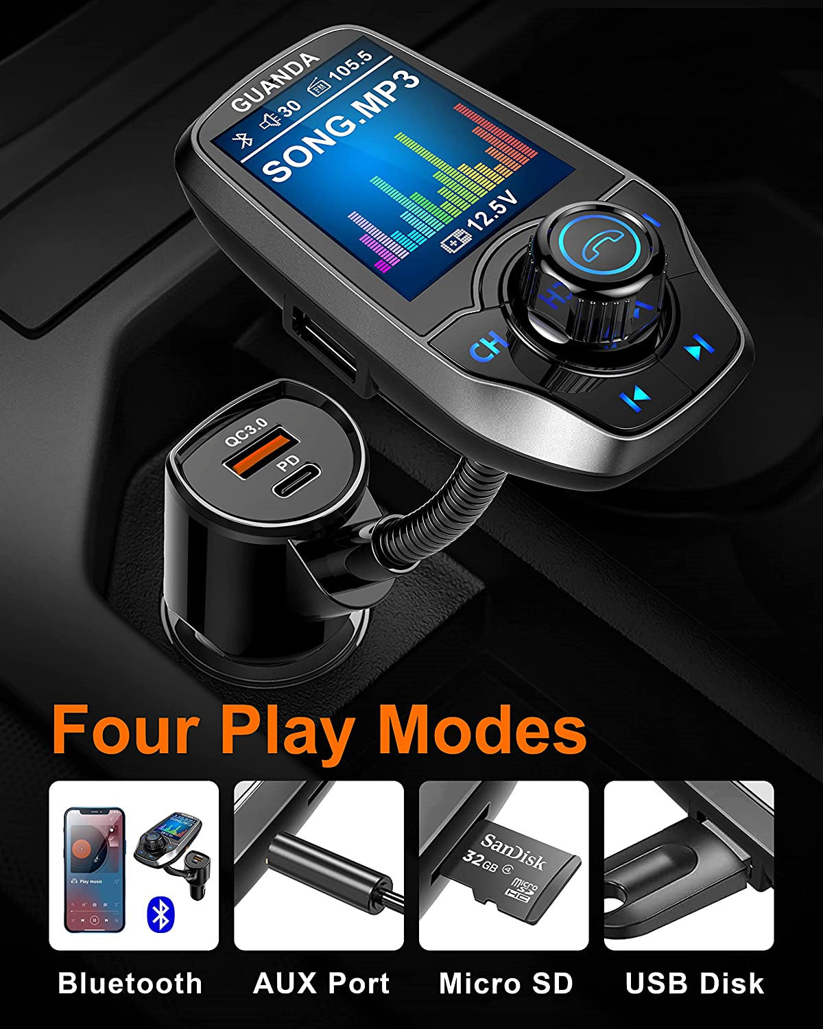 Bluetooth FM Transmitter in-Car Wireless Radio Adapter Kit W 1.8" Color Display Hands-Free Call AUX in/Out SD/TF Card USB Charger PD 20W for All Smartphones Audio Players - Premium Applicators from Rapidvehicles - Just $28.99! Shop now at Rapidvehicles