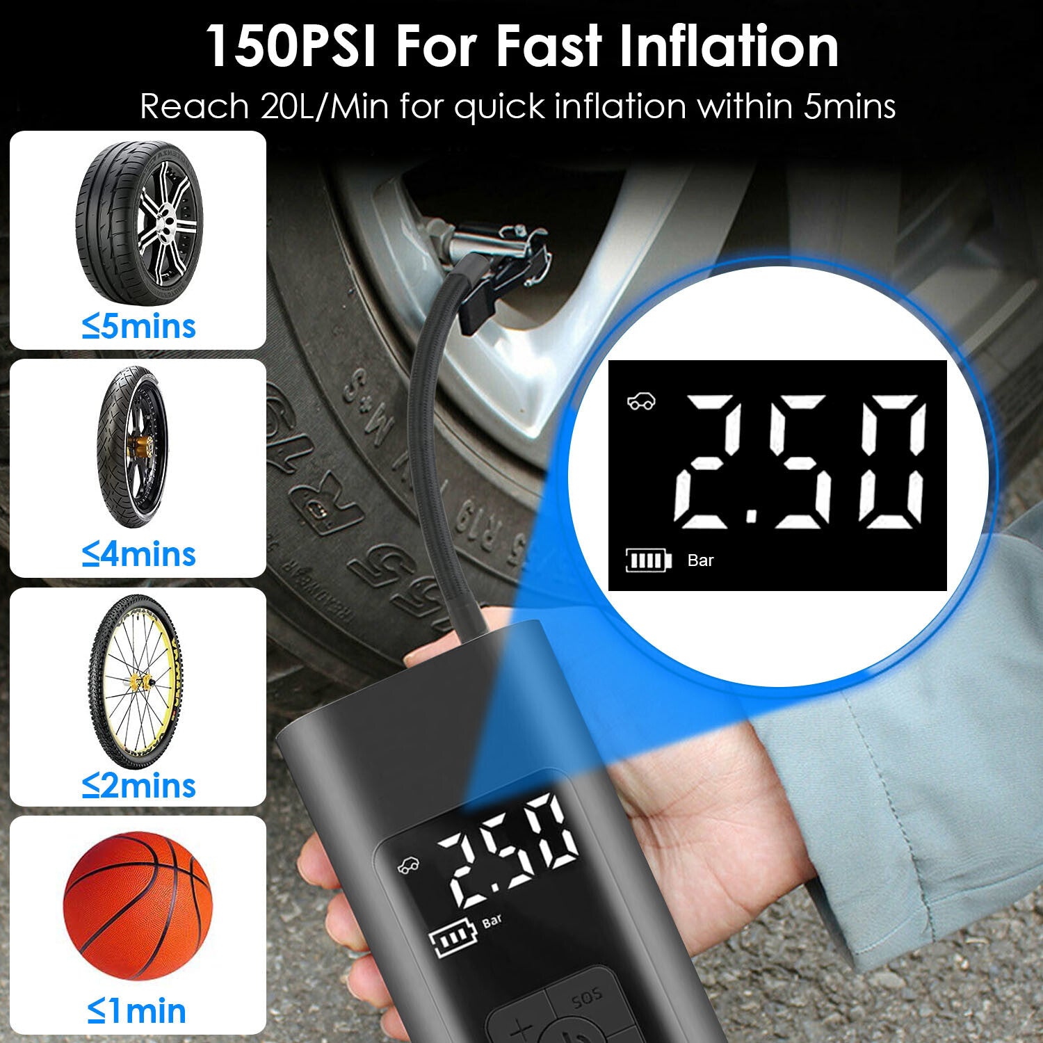 150PSI Cordless Car Tire Pump 6000mAh Rechargeable Tire Inflator - Premium Air Compressors & Inflators from Rapidvehicles - Just $63.99! Shop now at Rapidvehicles