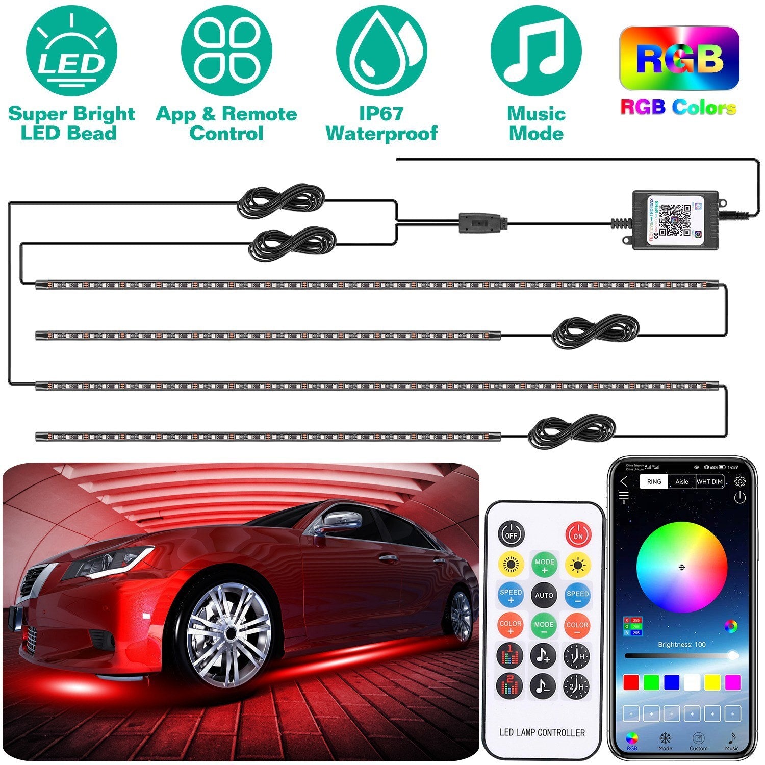 Waterproof RGB Underglow LED Strip Remote App Control Car Underbody Light - Premium Performance Parts & Accessories from Rapidvehicles - Just $53.50! Shop now at Rapidvehicles