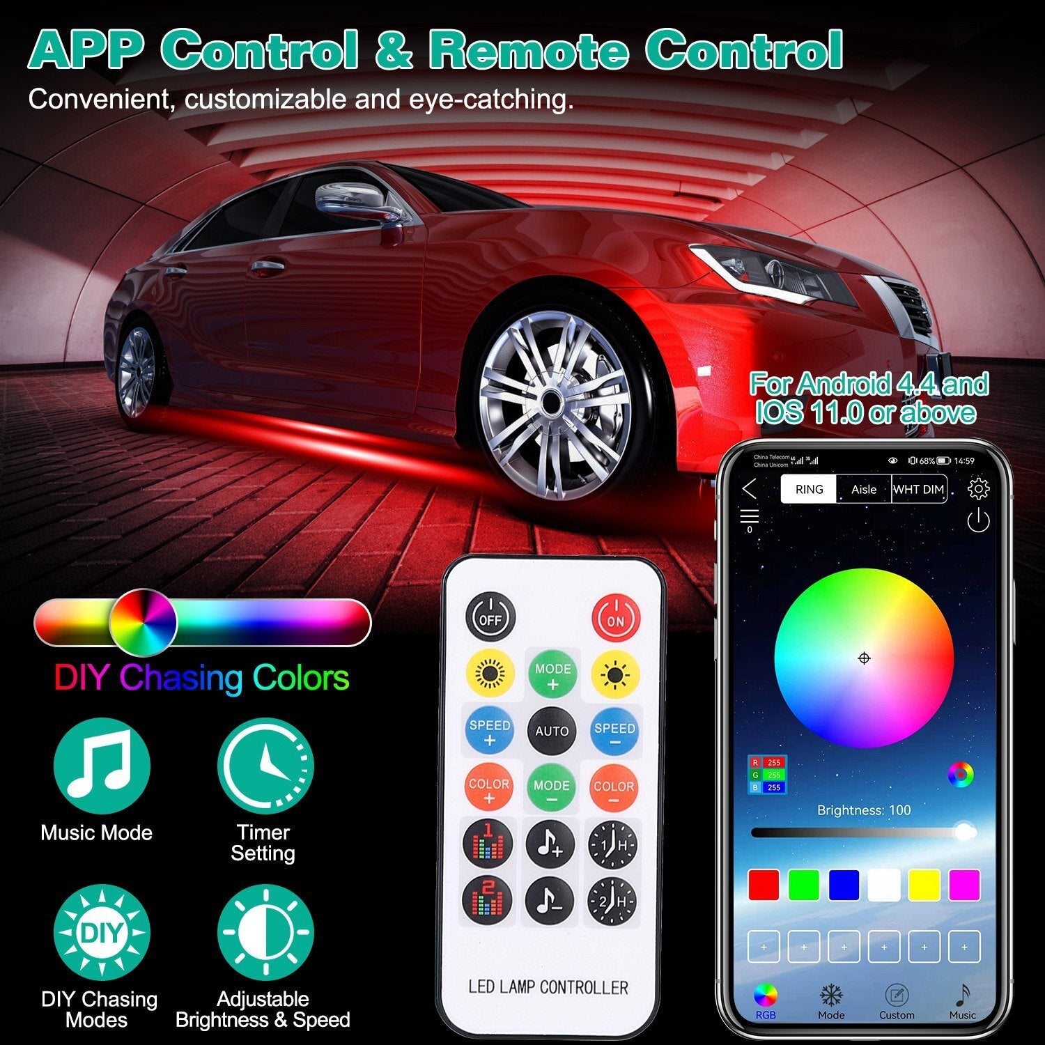 Waterproof RGB Underglow LED Strip Remote App Control Car Underbody Light - Premium Performance Lighting from Rapidvehicles - Just $50.03! Shop now at Rapidvehicles