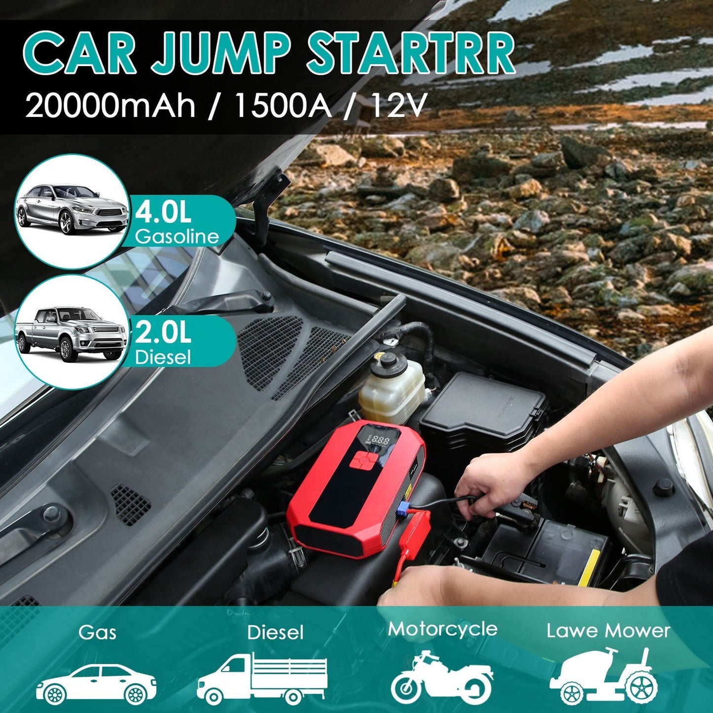 Portable Car Jump Starter Air Compressor 1500A 400PSI Car Battery - Premium Jump Starters from Rapidvehicles - Just $95.99! Shop now at Rapidvehicles