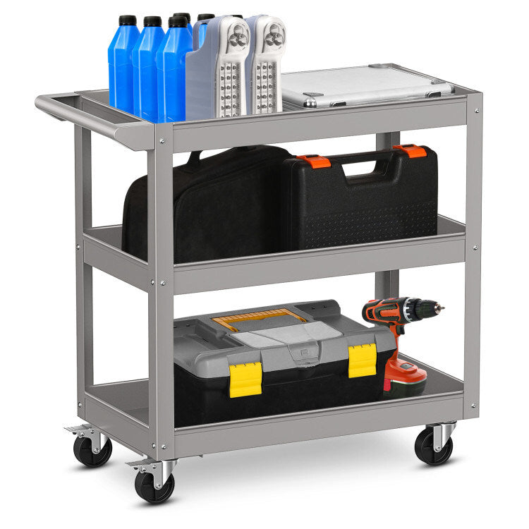 3-Tier Metal Utility Cart Trolley Tool with Flat Handle and 2 Lockable Universal Wheels - Premium Carports from Rapidvehicles - Just $105.99! Shop now at Rapidvehicles