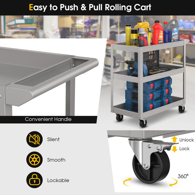 3-Tier Metal Utility Cart Trolley Tool with Flat Handle and 2 - Premium Carports from Rapidvehicles - Just $113.46! Shop now at Rapidvehicles