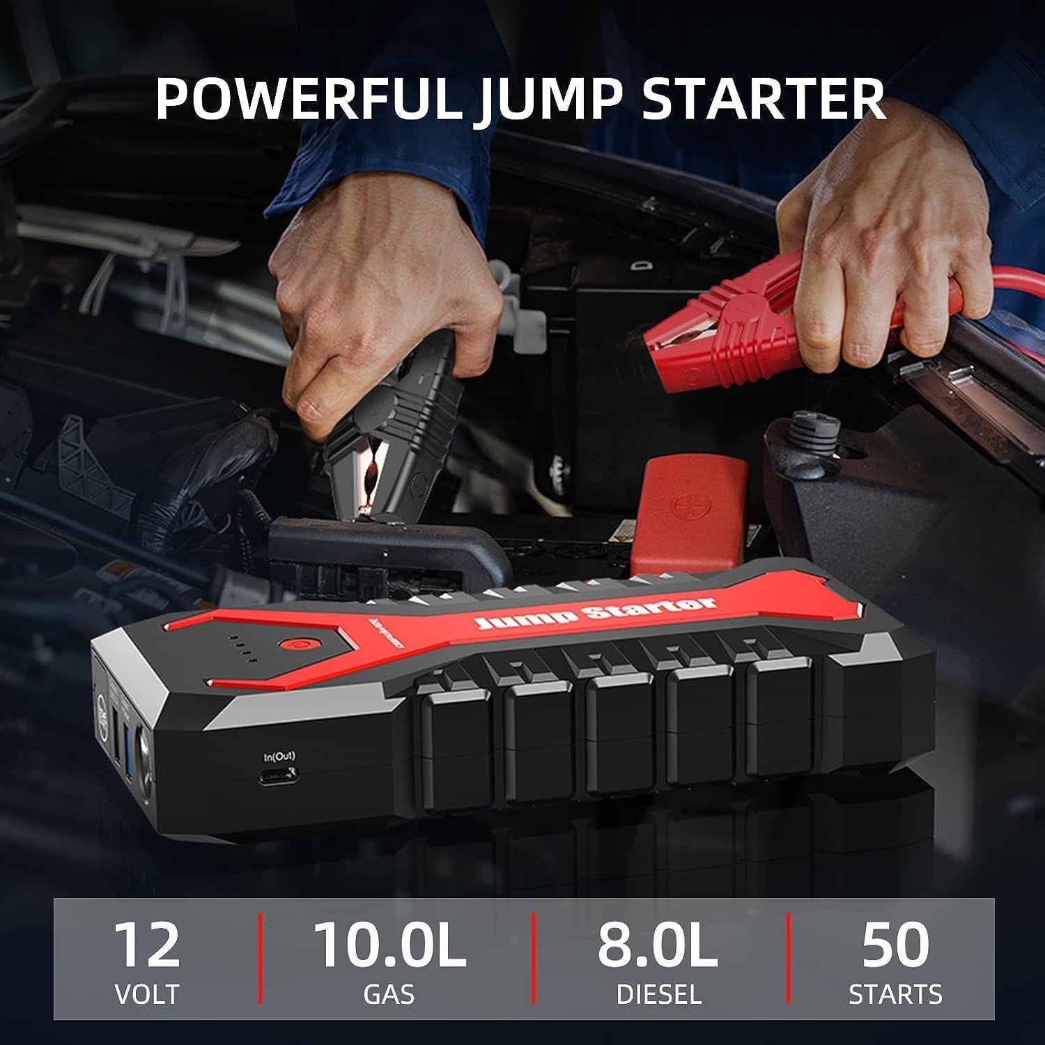 DBPOWER 3000A/80.66Wh Portable Car Jump Starter (UP to 10.0L Gas/8.0L Diesel Engines) 12V Auto Lithium-Ion Battery Booster with Smart Clamp Cables, Quick Charge, and LED - Premium Jump Starters, Battery Chargers & Portable Power from Rapidvehicles - Just $86.14! Shop now at Rapidvehicles