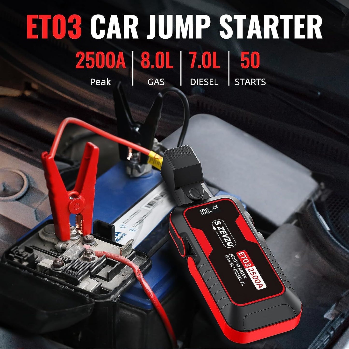 S ZEVZO ET03 Car Jump Starter 2500A Jump Starter Battery Pack for - Premium Jump Starters, Battery Chargers & Portable Power from Rapidvehicles - Just $115.99! Shop now at Rapidvehicles