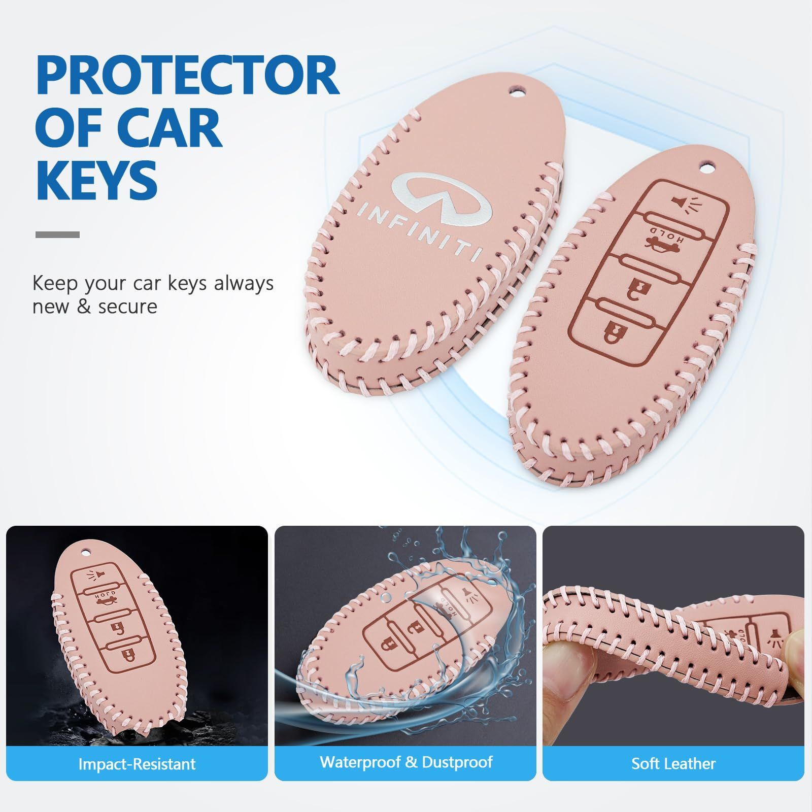 Leather Key Fob Case Cover for Infiniti with Key Chain, Key Holder Replacement Keychain for Infinity EX25 FX35 FX37 X50 G25 G35 G37 Q40 Q50 Q60 Q70 QX50 QX56 QX70 (4 Button) - Premium Keyless Entry from Rapidvehicles - Just $26.99! Shop now at Rapidvehicles