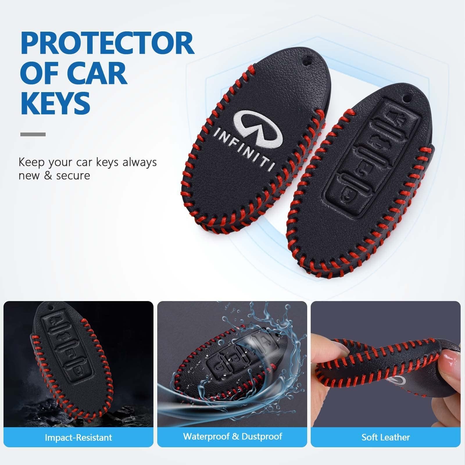 Leather Key Fob Case Cover for Infiniti with Key Chain, Key Holder Replacement Keychain for Infinity EX25 FX35 FX37 X50 G25 G35 G37 Q40 Q50 Q60 Q70 QX50 QX56 QX70 (4 Button) - Premium Keyless Entry from Rapidvehicles - Just $26.99! Shop now at Rapidvehicles