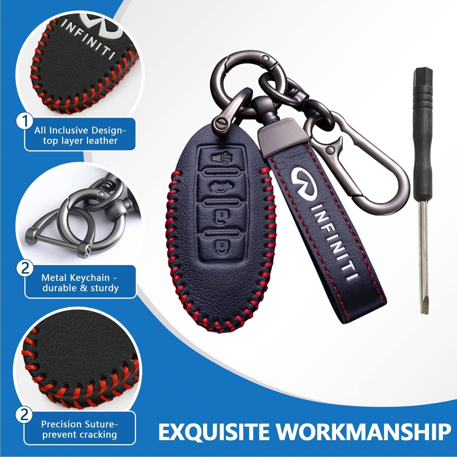 Leather Key Fob Case Cover for Infiniti with Key Chain, Key Holder Replacement Keychain for Infinity EX25 FX35 FX37 X50 G25 G35 G37 Q40 Q50 Q60 Q70 QX50 QX56 QX70 (4 Button) - Premium Keyless Entry from Rapidvehicles - Just $26.99! Shop now at Rapidvehicles