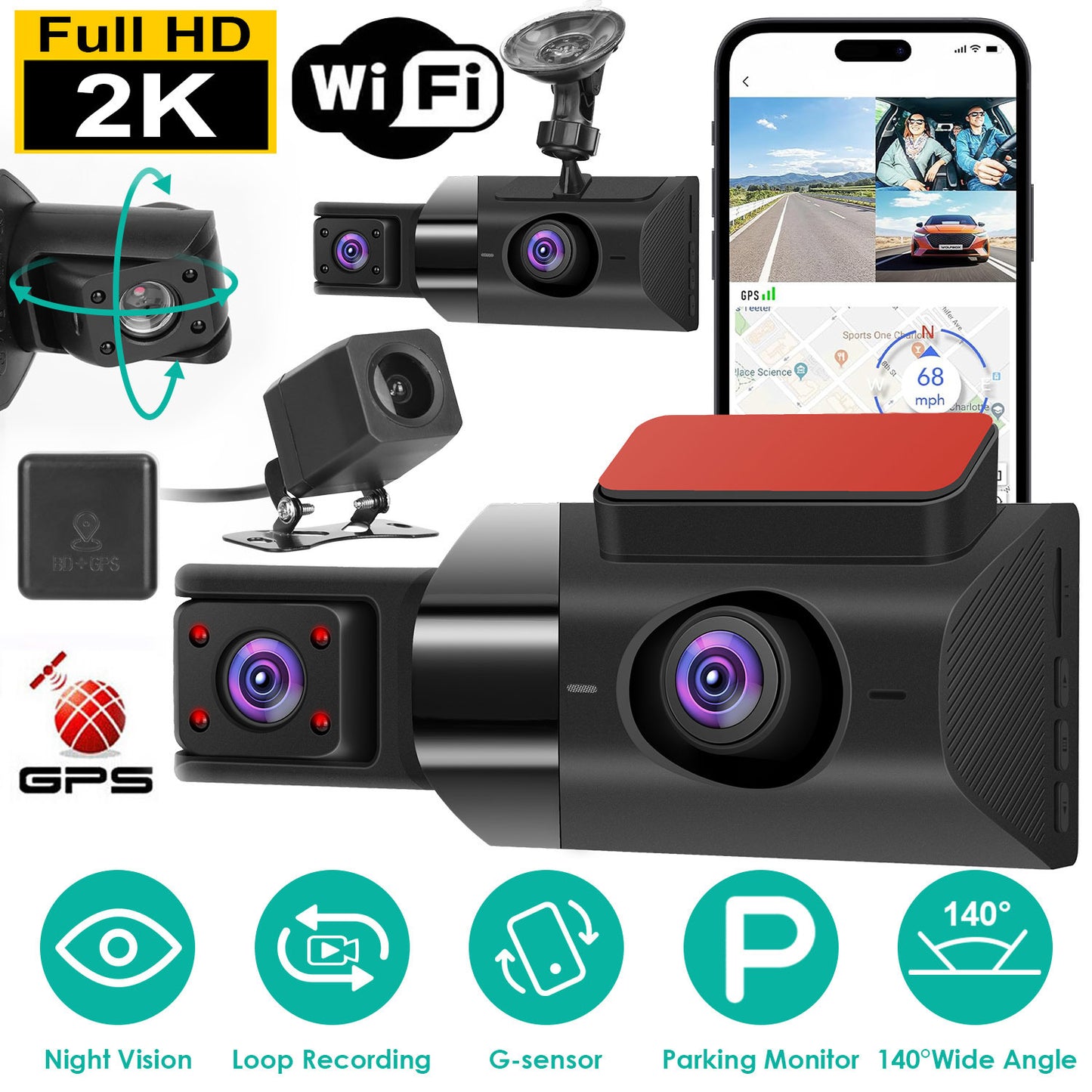 2K Car DVR 3 Channel Dash Cam Camcorder Camera Recorder with 140 Angle GPS WiFi Night Vision G-sensor Loop Recording Parking Monitor - Premium Car Video from Rapidvehicles - Just $75.88! Shop now at Rapidvehicles