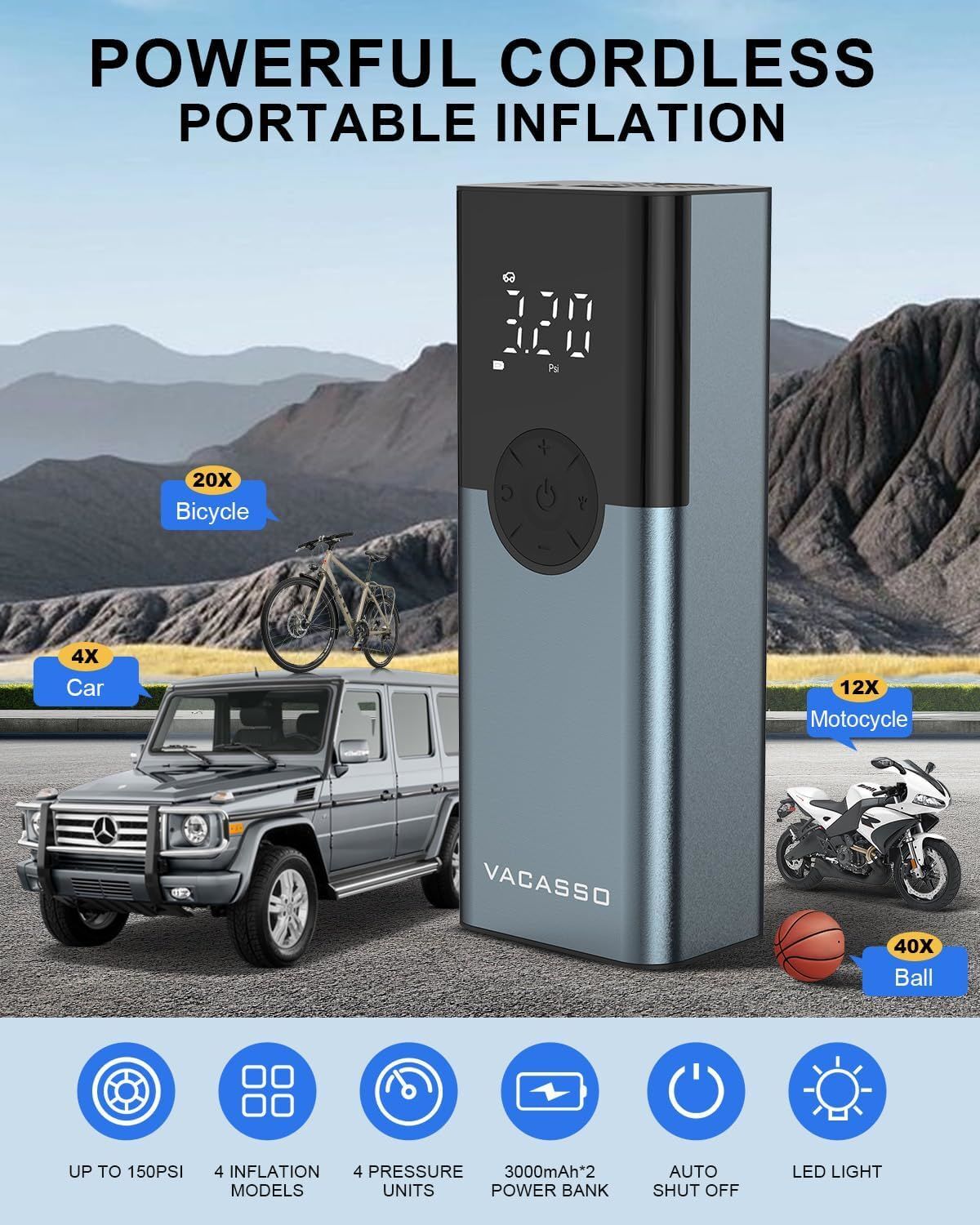 VACASSO Tire Inflator Portable Air Compressor,150PSI Air Pump for Car Tires with LED Light,Rechargeable Cordless Air Compressor Portable for Car, Bicycle, Motorcycles and Ball - Premium Air Compressors & Inflators from Rapidvehicles - Just $56.99! Shop now at Rapidvehicles