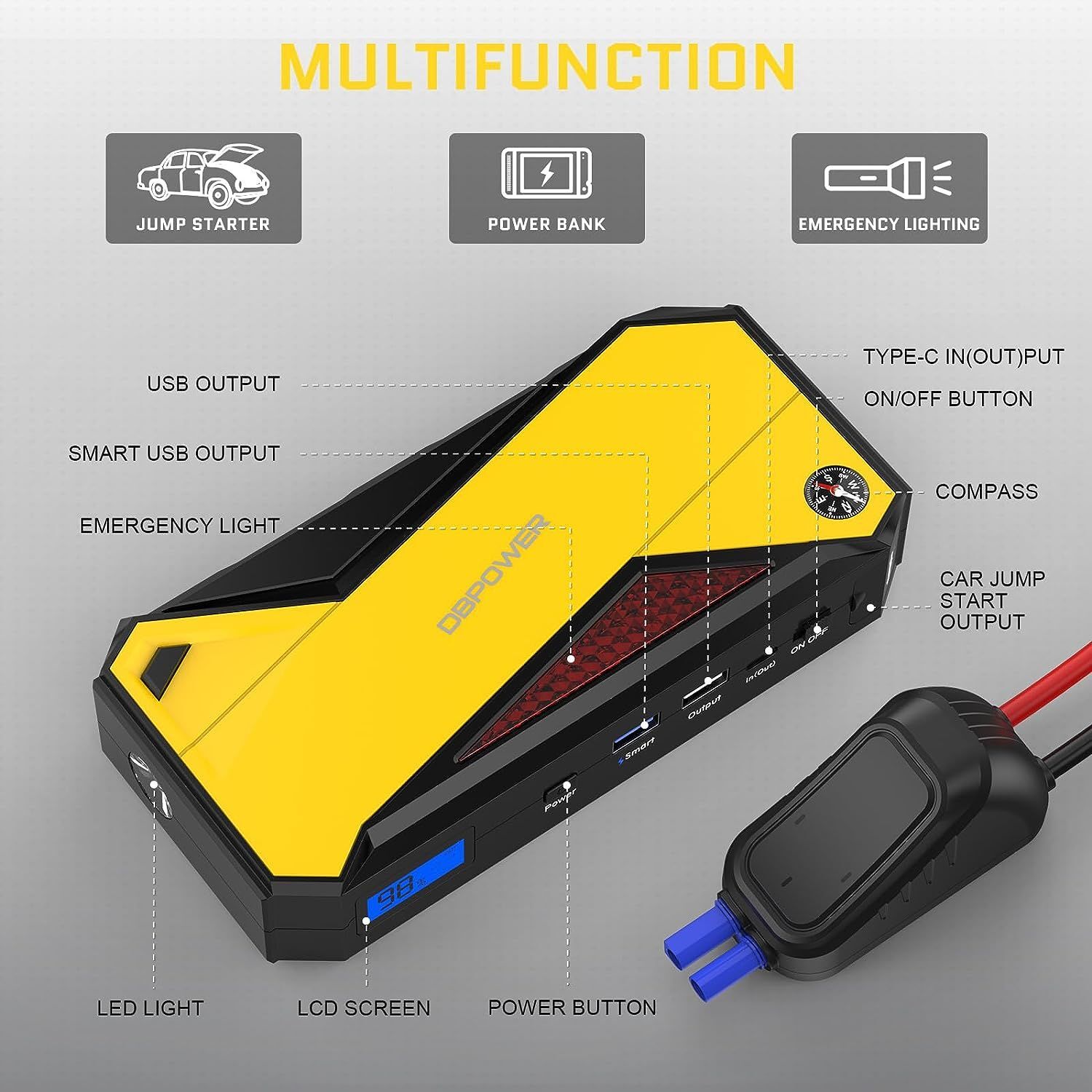 DBPOWER 800A 18000mAh Portable Car Jump Starter (up to 7.2L Gas, 5.5L Diesel Engine) Battery Booster with Smart Charging Port (Storage Temperature 95F) - Premium Jump Starters from Rapidvehicles - Just $107.99! Shop now at Rapidvehicles