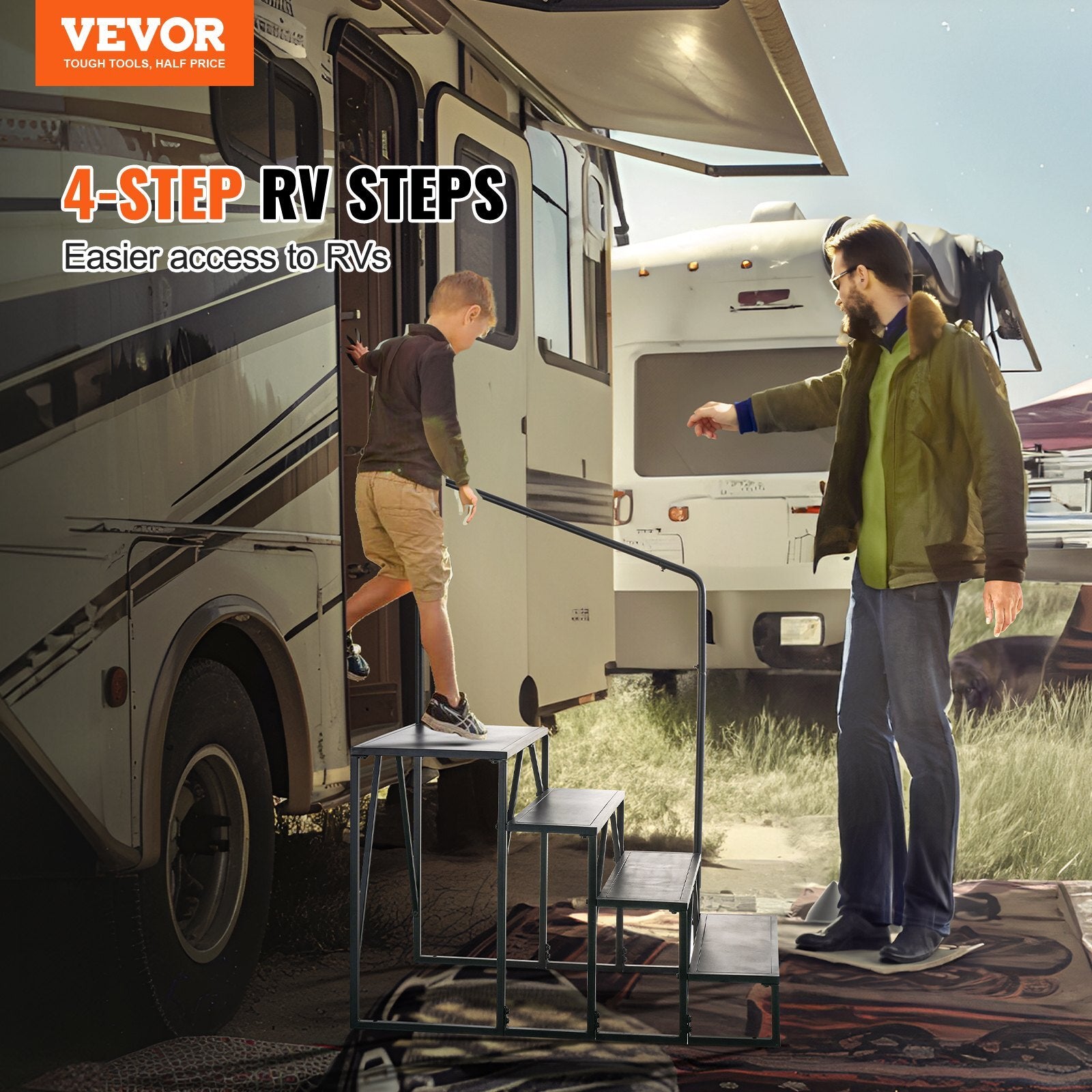 VEVOR RV Steps, 4-Step RV Stairs, 440 LBS Load Capacity, Thickened Carbon Steel, With Handrail, Non-Slip Steps for Safe Entry and Exit, Suit for RV, Trailer, Camper Steps - Premium RV Step from VEVOR - Just $157.29! Shop now at Rapidvehicles