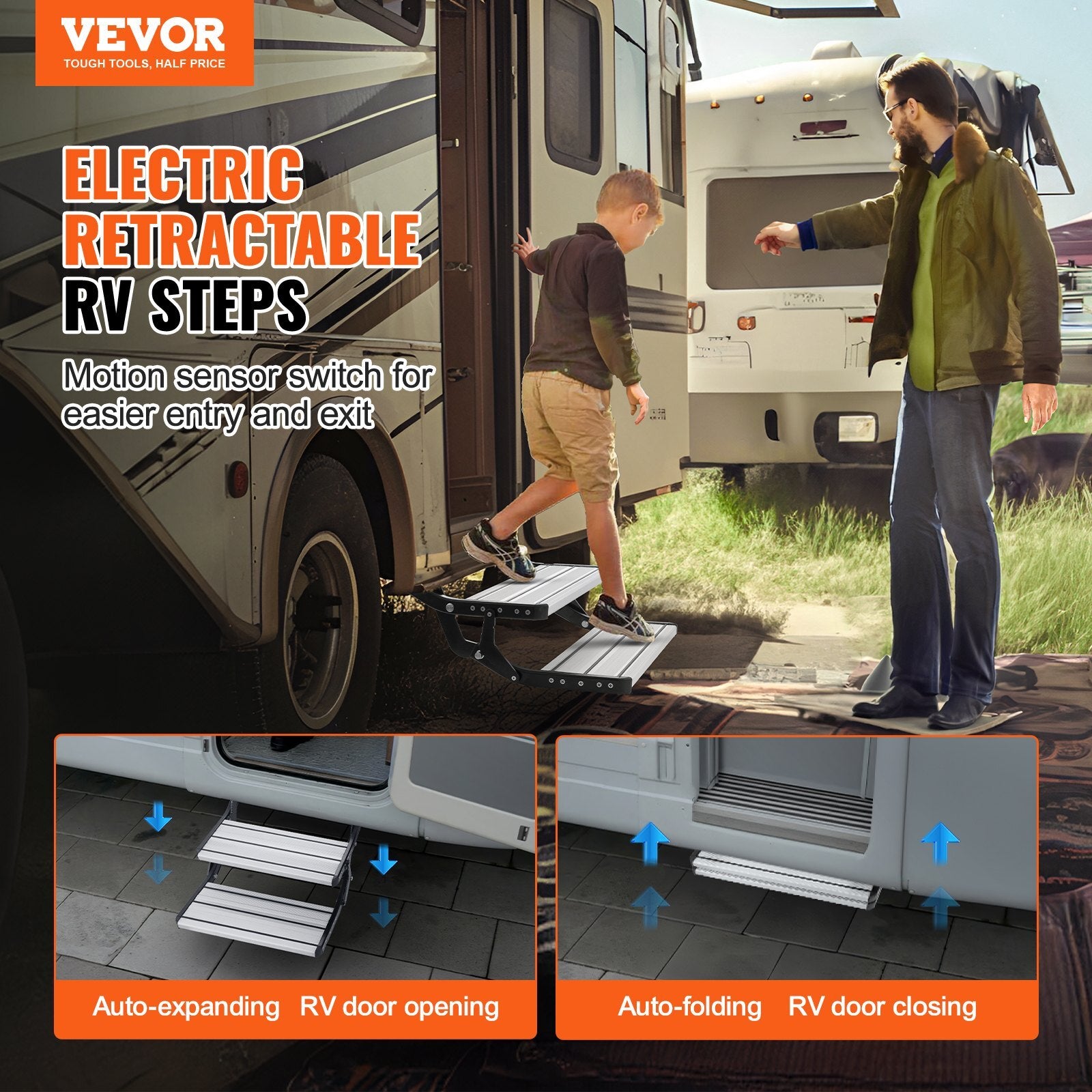 VEVOR RV Steps, 2-Step, Electric Retractable RV Stairs DC 12V, Auto-Folding, 440 LBS Load Capacity, Aluminum Alloy Steps, Non-Slip Steps for Safe Entry and Exit, RV, Trailer, Camper Steps - Premium RV Step from VEVOR - Just $388.99! Shop now at Rapidvehicles