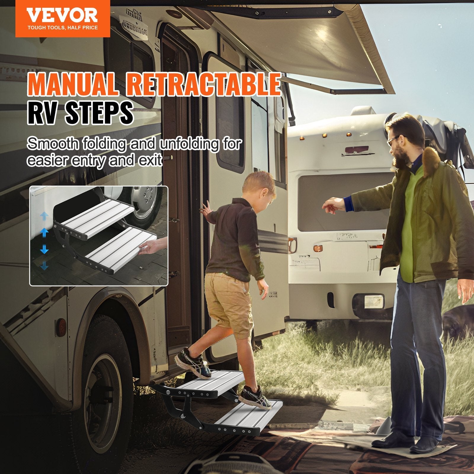 VEVOR RV Steps, 2-Step, Manual Retractable RV Stairs, Foldable, 440 LBS Load Capacity, Aluminum Alloy Steps, Thickened Steel Plate, Non-Slip Steps for Safe Entry and Exit, RV, Trailer, Camper Steps - Premium RV Step from VEVOR - Just $200.21! Shop now at Rapidvehicles