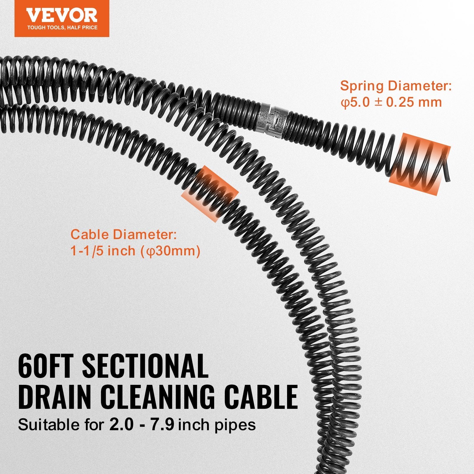 VEVOR Drain Cleaning Cable 60 FT x 1-1/5 Inch, Professional Sectional Drain Cleaner Cable with 6 Cutters for 2.0" to 7.9" Pipes, Hollow Core Sewer Drain Auger Cable for Sink, Floor Drain, Toilet - Premium Drain Cleaning Equipment from VEVOR - Just $207.99! Shop now at Rapidvehicles