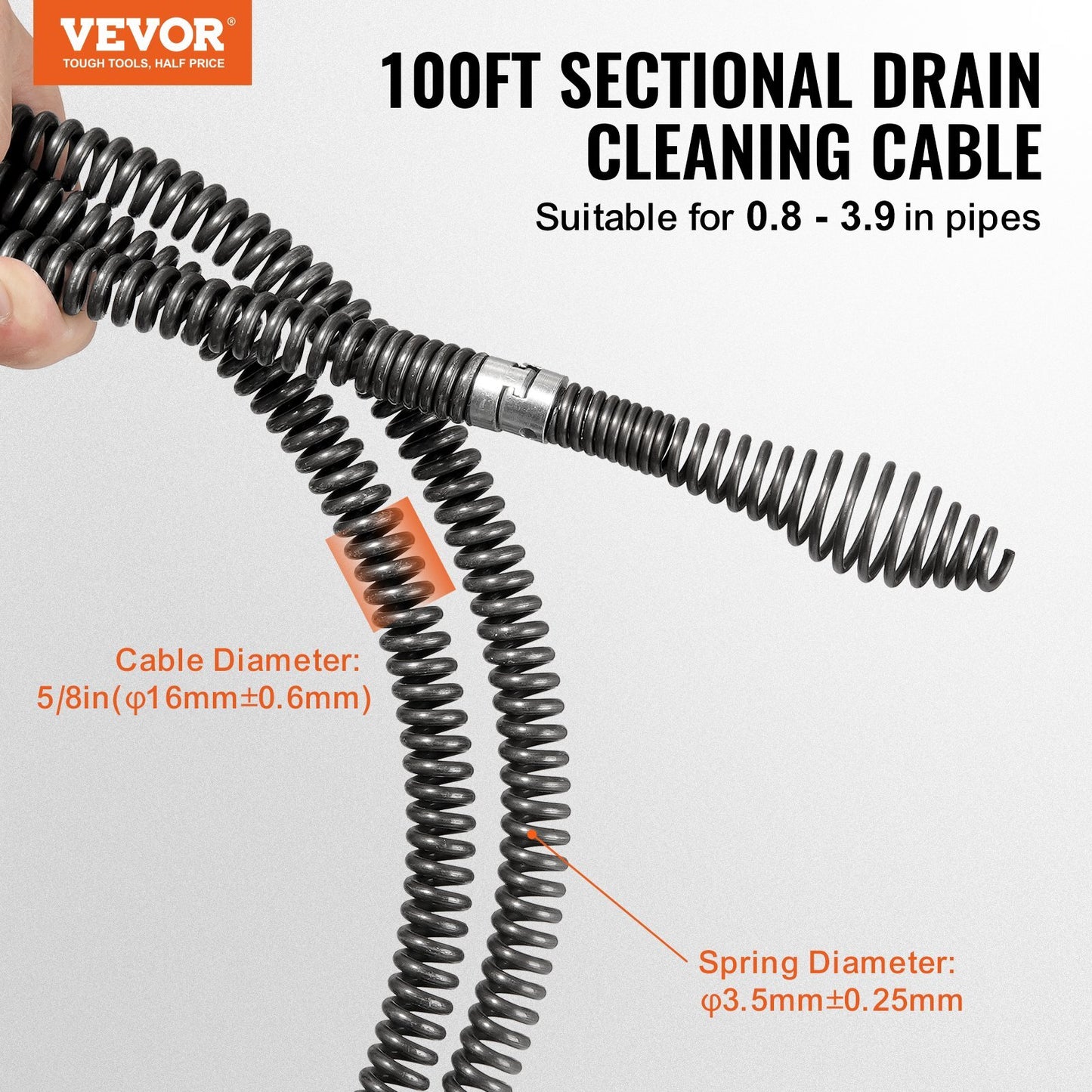 VEVOR Drain Cleaning Cable 100 FT x 5/8 Inch, Professional Sectional Drain Cleaner Cable with 7 Cutters for 0.8" to 3.9" Pipes, Hollow Core Sewer Drain Auger Cable for Sink, Floor Drain, Toilet - Premium Drain Cleaning Equipment from VEVOR - Just $117.02! Shop now at Rapidvehicles