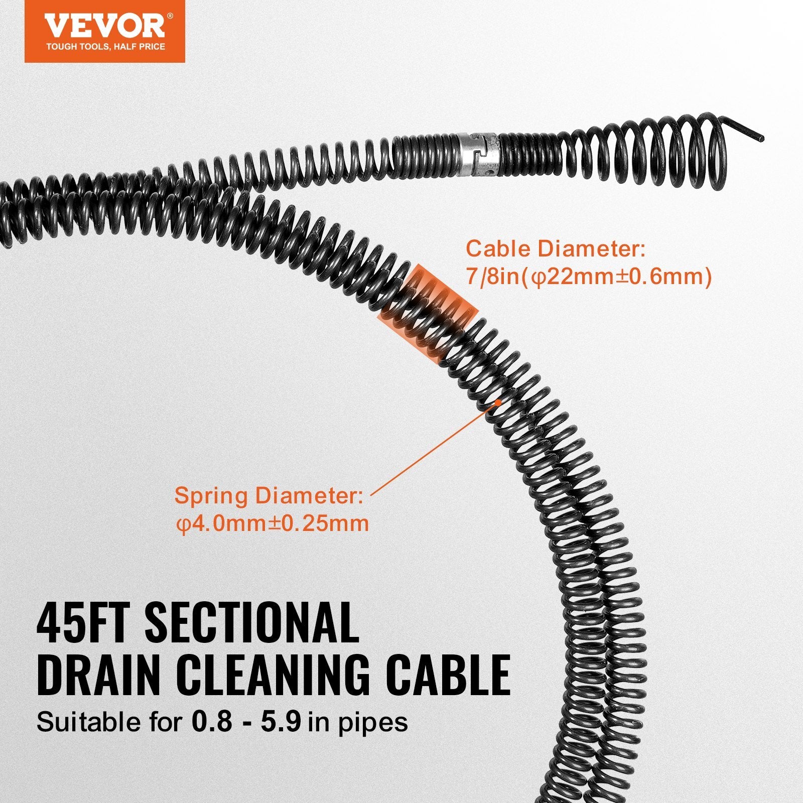 VEVOR Drain Cleaning Cable 45 FT x 7/8 Inch, Professional Sectional Drain Cleaner Cable with 6 Cutters for 0.8" to 5.9" Pipes, Hollow Core Sewer Drain Auger Cable for Sink, Floor Drain, Toilet - Premium Drain Cleaning Equipment from VEVOR - Just $101.99! Shop now at Rapidvehicles