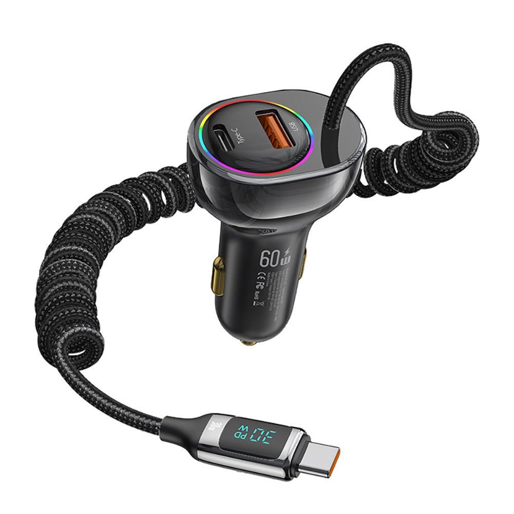 USB C 60W Super Fast Car Charger with Type C Coiled Cable 3-Port - Premium Car Chargers from Rapidvehicles - Just $43.99! Shop now at Rapidvehicles