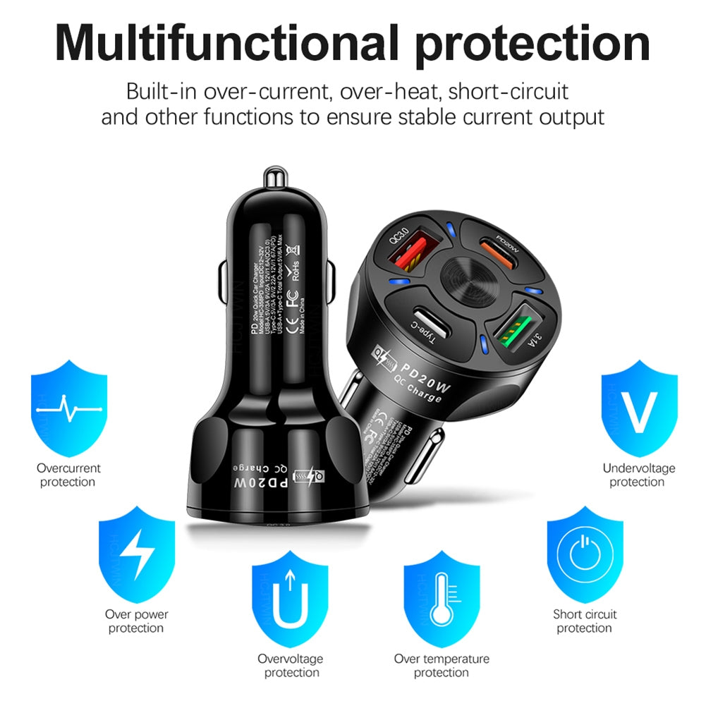 4-in-1 Car Charger Fast Charging Dock Pd 20w Type-c QC3.0 Usb 3.1a Fast for Mobile Phones Tablets Driving Recorders Black - Premium Car Chargers from Rapidvehicles - Just $11.50! Shop now at Rapidvehicles