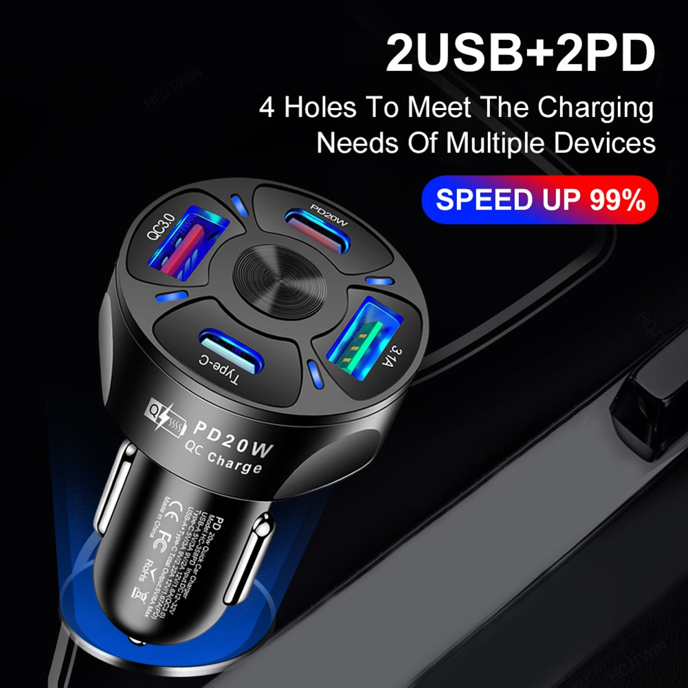 4-in-1 Car Charger Fast Charging Dock Pd 20w Type-c QC3.0 Usb 3.1a Fast for Mobile Phones Tablets Driving Recorders Black - Premium Car Chargers from Rapidvehicles - Just $11.50! Shop now at Rapidvehicles