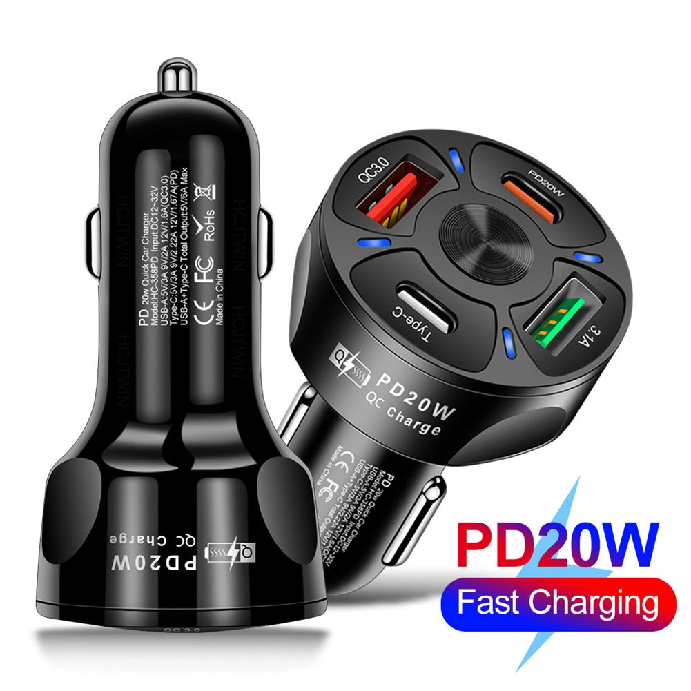 4-in-1 Car Charger Fast Charging Dock Pd 20w Type-c QC3.0 Usb 3.1a Fast for Mobile Phones Tablets Driving Recorders Black - Premium Car Chargers from Rapidvehicles - Just $11.50! Shop now at Rapidvehicles