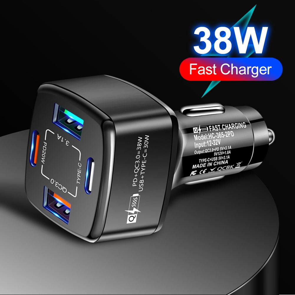 4-in-1 Usb Charger Fast Charging Dock Type-c 38w Pd Qc3.0 3.1a 2usb Dual Line Car Charger Adapter Black - Premium Car Chargers from Rapidvehicles - Just $13.99! Shop now at Rapidvehicles