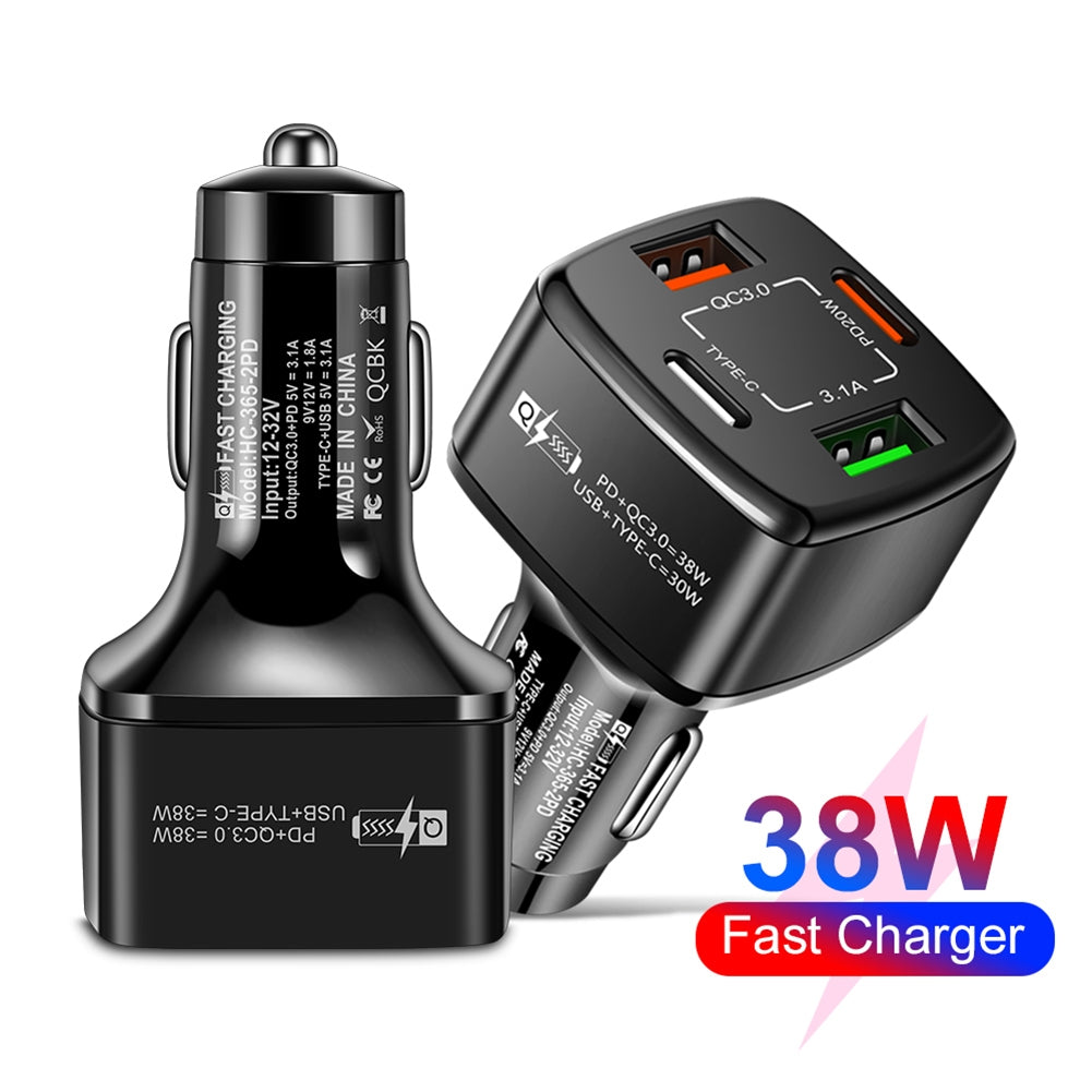 4-in-1 Usb Charger Fast Charging Dock Type-c 38w Pd Qc3.0 3.1a 2usb Dual Line Car Charger Adapter Black - Premium Car Chargers from Rapidvehicles - Just $13.99! Shop now at Rapidvehicles