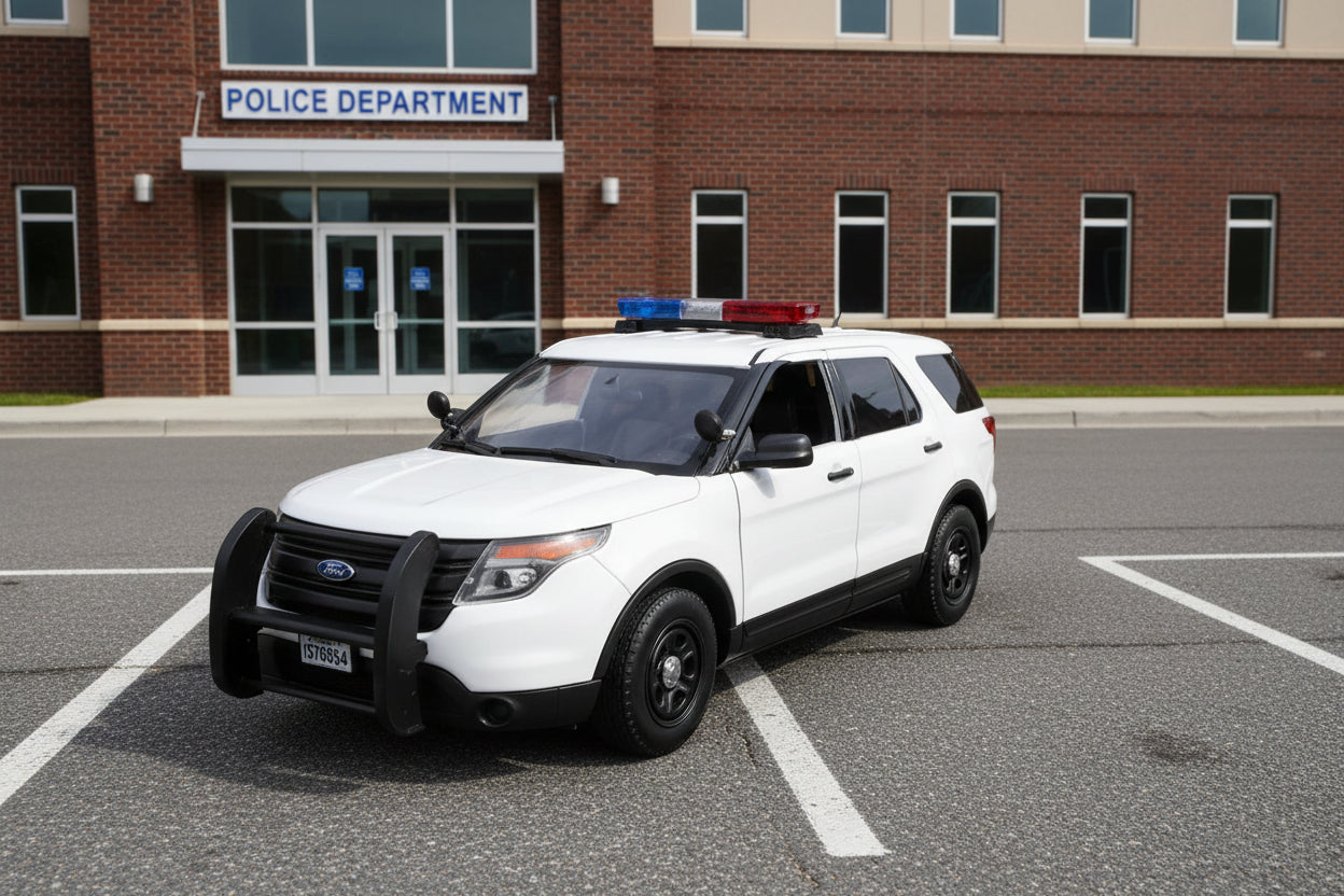 2015 Ford Police Interceptor Utility White with Flashing Light Bar and Front and Rear Lights and 2 Sounds 1/24 Diecast Model Car by Motormax free shipping USA