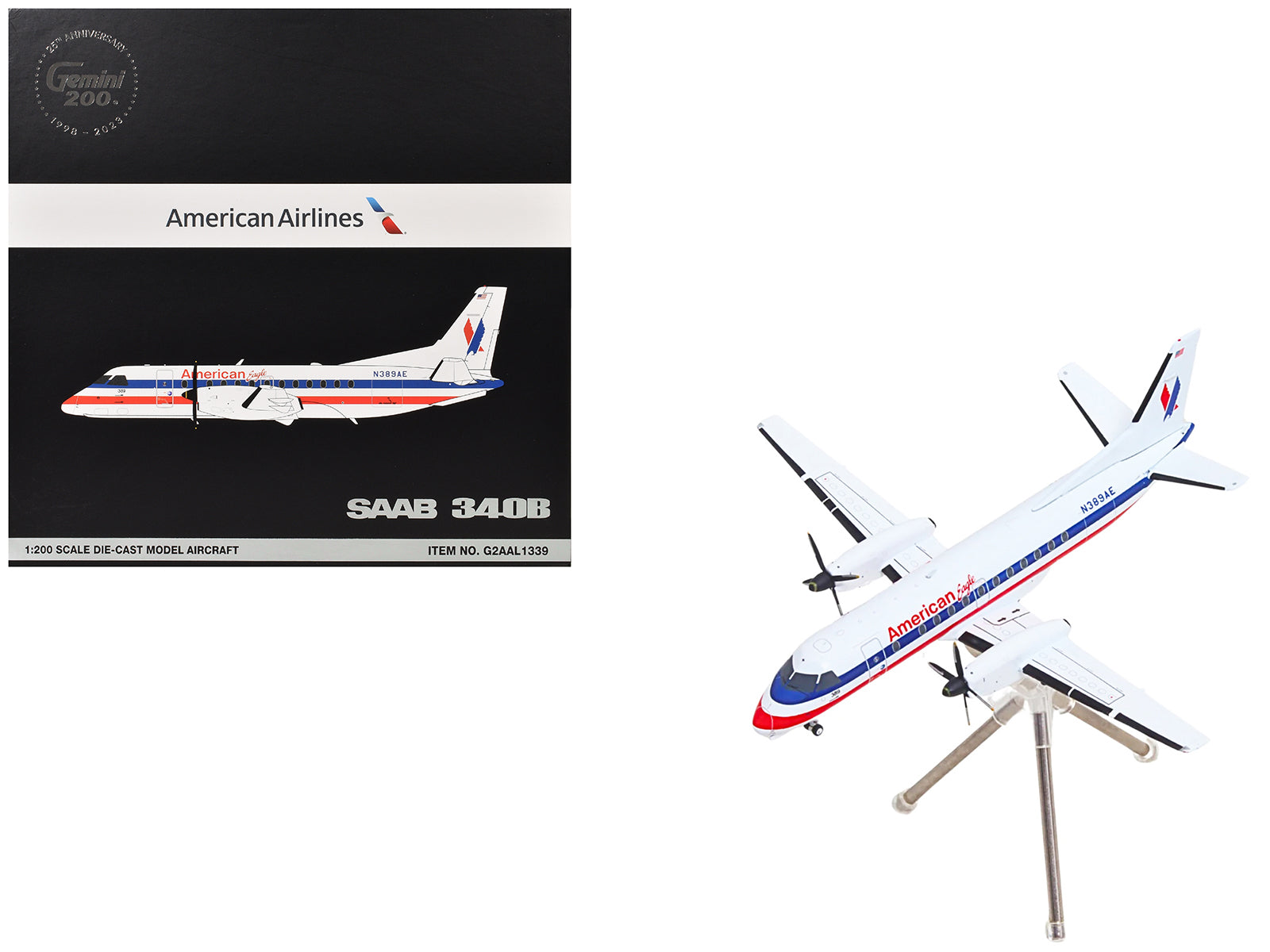 Saab 340B Commercial Aircraft "American Eagle" (N389AE) White with Red and Blue Stripes "Gemini 200" Series 1/200 Diecast Model Airplane by GeminiJets free shipping USA