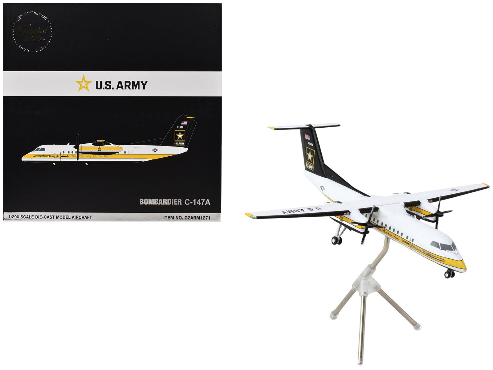 Bombardier C-147A Transport Aircraft "Golden Knights Parachute Team" United States Army (17-01610) White with Yellow Stripes and Black Tail "Gemini 200" Series 1/200 Diecast Model Airplane by GeminiJets - Premium Bombardier from GeminiJets - Just $100.52! Shop now at Rapidvehicles