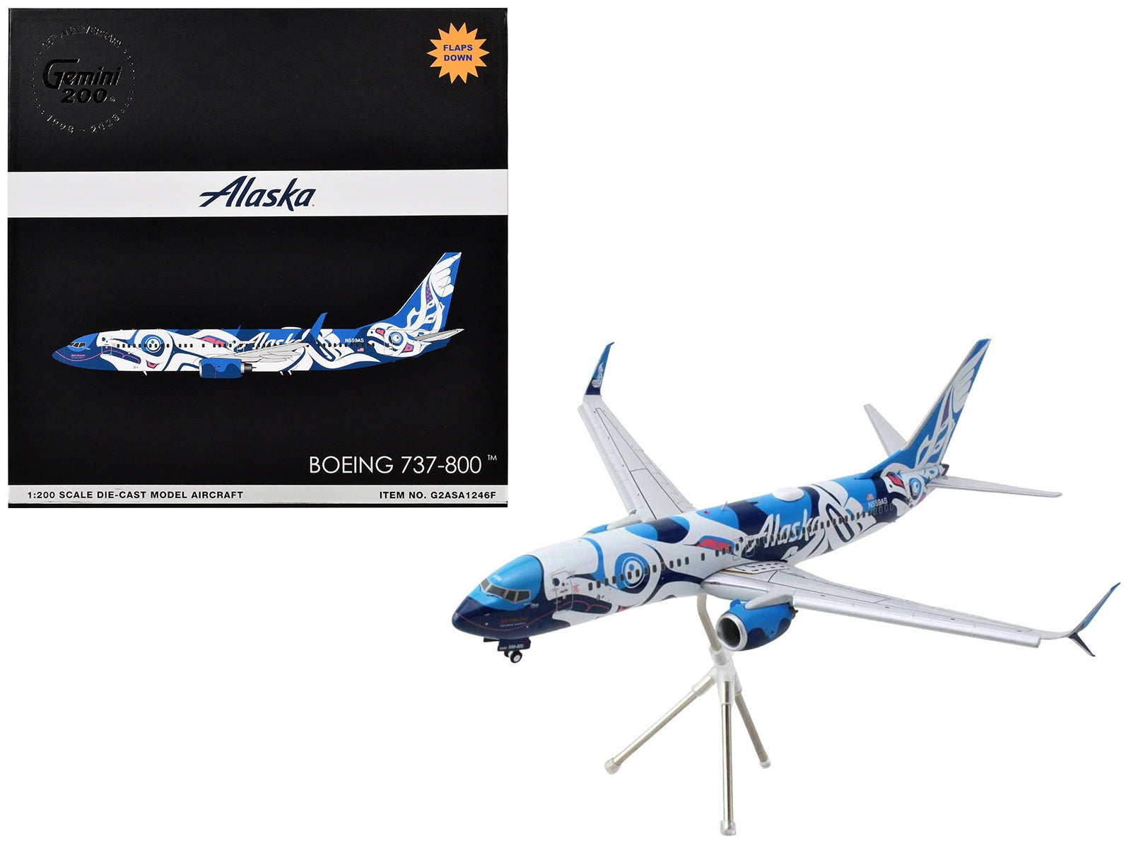 Boeing 737-800 Commercial Aircraft with Flaps Down "Alaska Airlines" (N559AS) Salmon People Livery "Gemini 200" Series 1/200 Diecast Model Airplane by GeminiJets