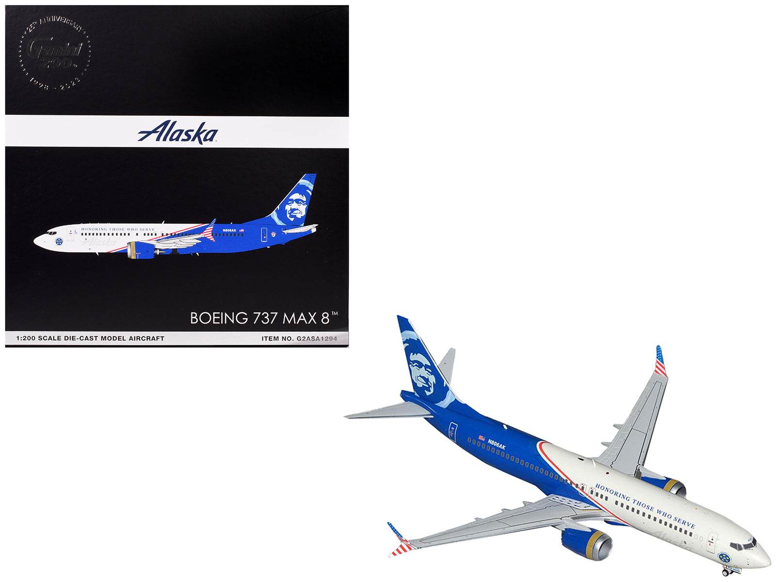 Boeing 737 MAX 8 Commercial Aircraft "Alaska Airlines - Honoring Those Who Serve" (N806AK) White and Blue "Gemini 200" Series 1/200 Diecast Model Airplane by GeminiJets free shipping USA