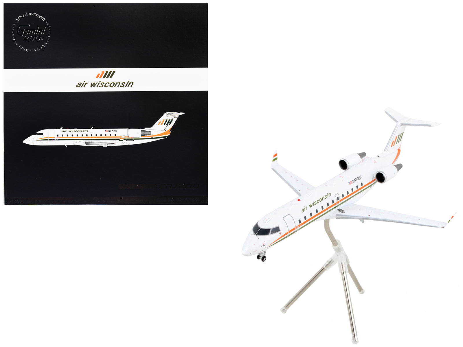 Bombardier CRJ200 Commercial Aircraft "Air Wisconsin" White with Orange and Green Stripes "Gemini 200" Series 1/200 Diecast Model Airplane by GeminiJets free shipping USA