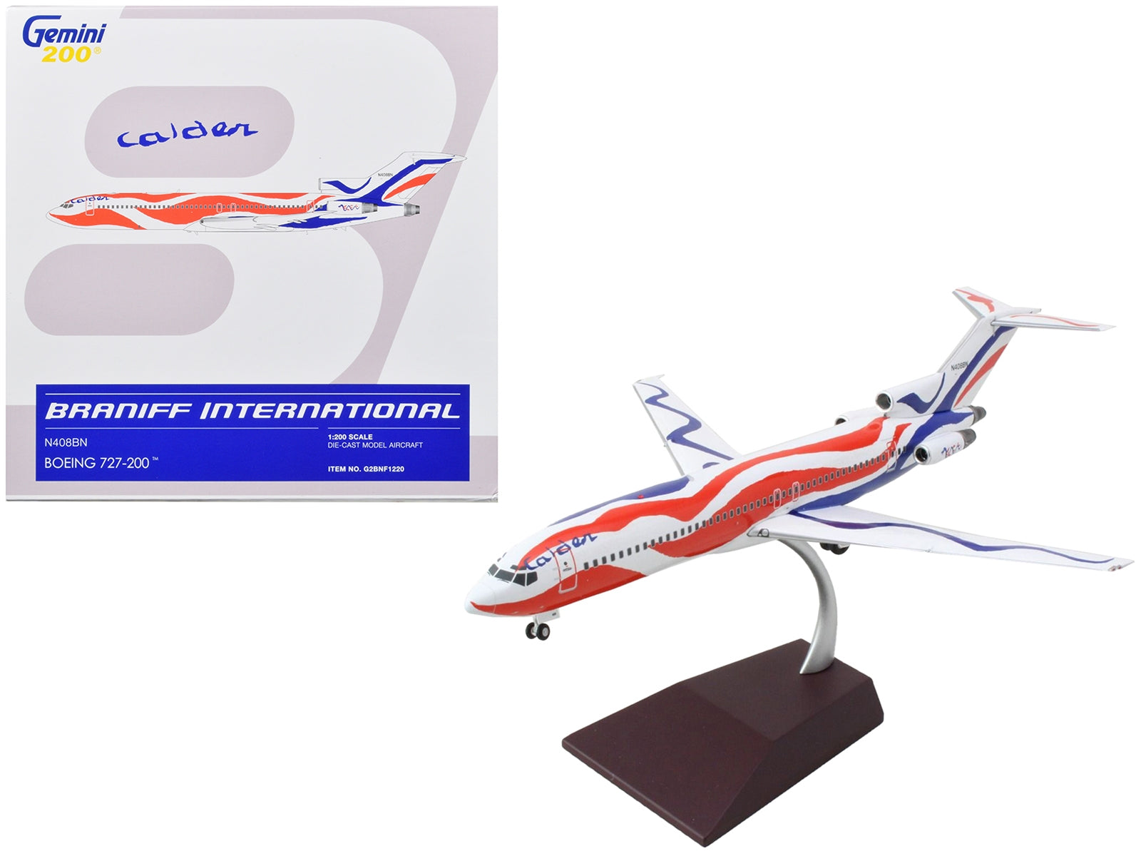 Boeing 727-200 Commercial Aircraft "Braniff International Airways - Calder Bicentennial Livery" White with Red and Blue Stripes "Gemini 200" Series 1/200 Diecast Model Airplane by GeminiJets - Premium Boeing from GeminiJets - Just $122.99! Shop now at Rapidvehicles